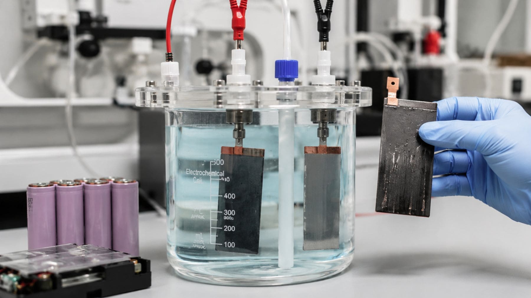 Baño electroquímico utilizado para regenerar electrodos de baterías de litio mediante el método DEER desarrollado por la Universidad de Cornell.