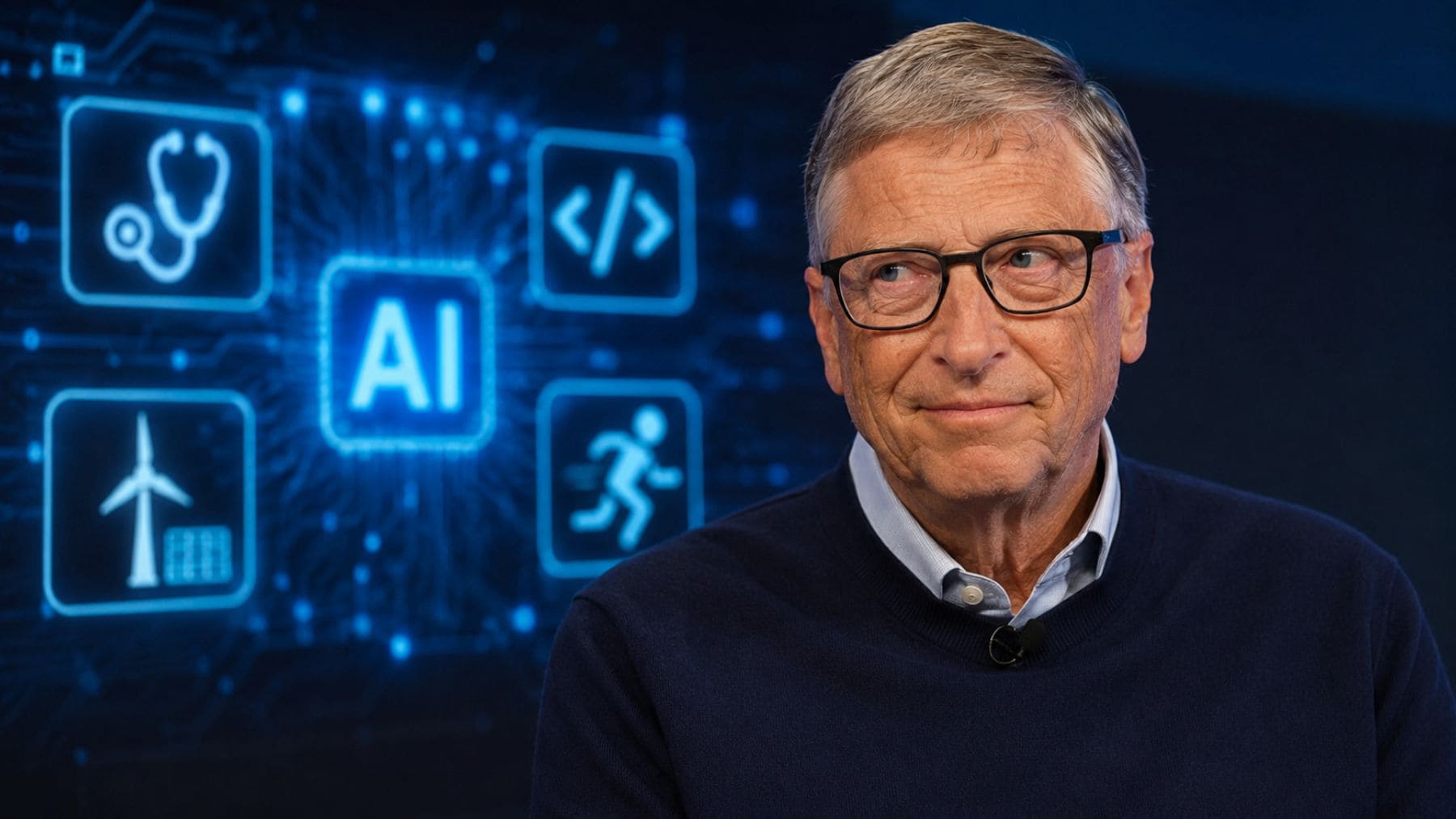 Bill Gates durante una intervención sobre inteligencia artificial con iconos que representan programación, biología, energía y deporte.