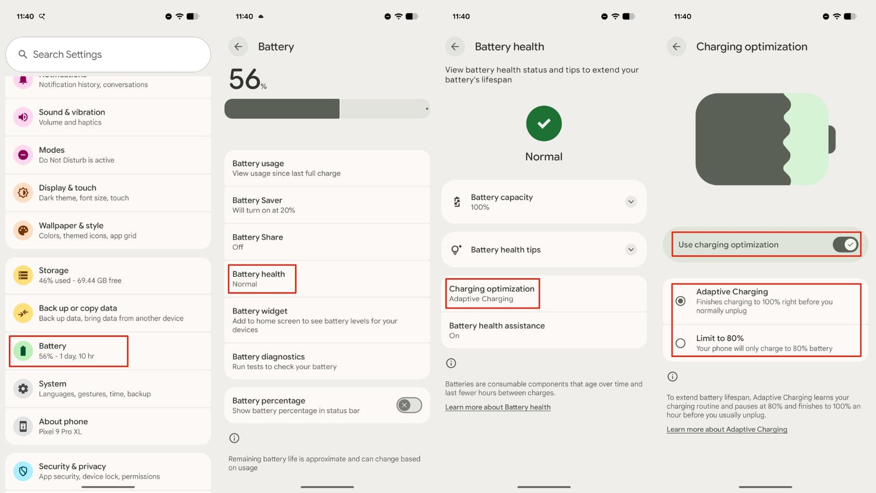 Ajustes de batería en un móvil Android con las opciones de salud de la batería y optimización de carga.