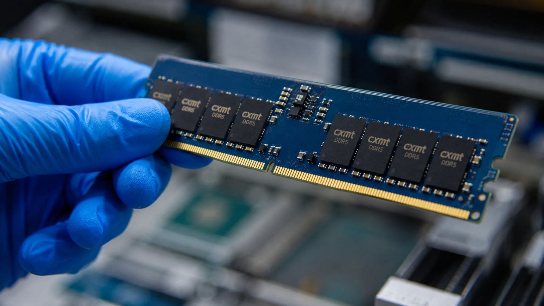Módulo de memoria DRAM DDR5 sostenido por un técnico en una fábrica de semiconductores, símbolo del auge de los fabricantes chinos CXMT y YMTC.