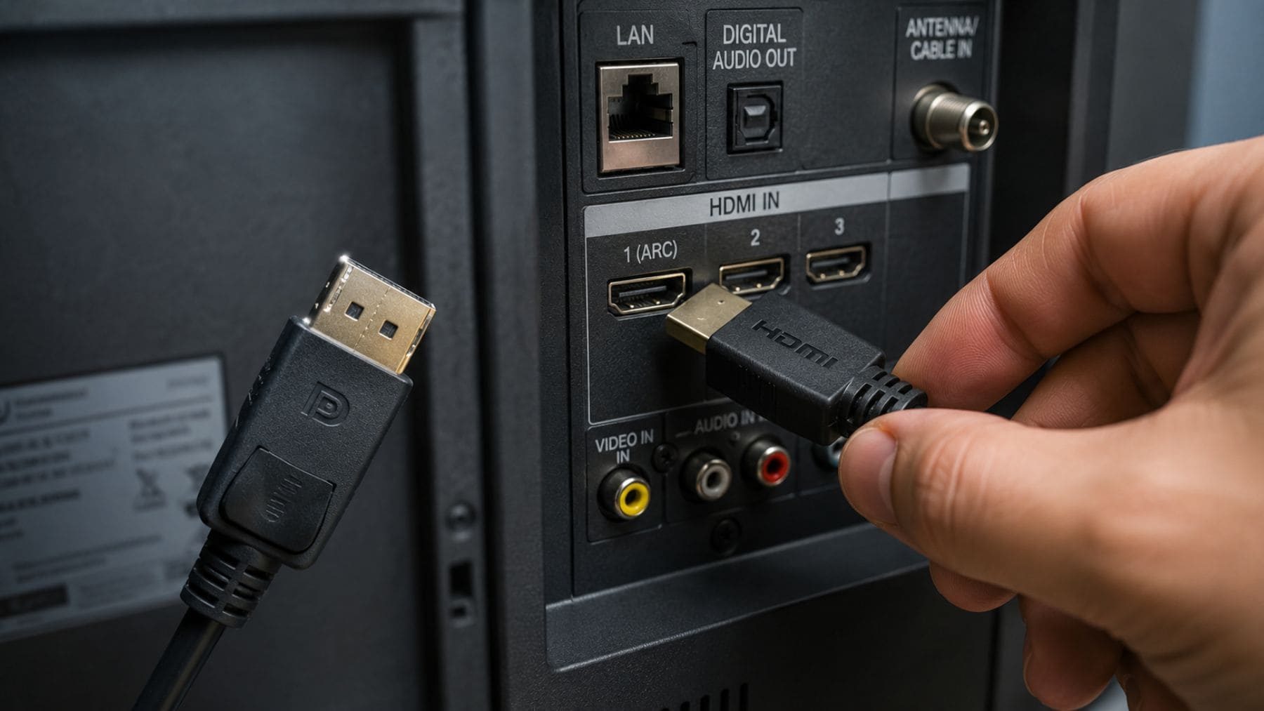 Cable HDMI conectándose a un televisor junto a un cable DisplayPort para comparar ambos estándares de conexión de vídeo y audio.
