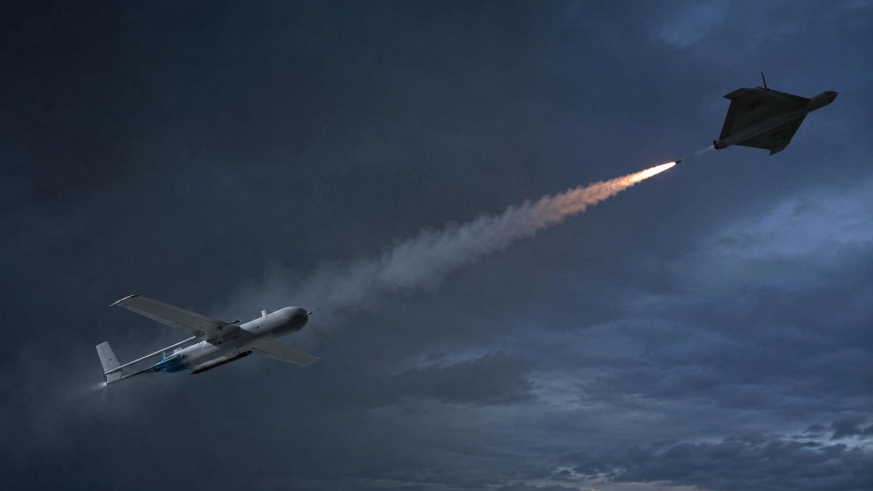 Dron interceptor ucraniano persigue un dron Shahed durante una operación de defensa aérea en plena noche.