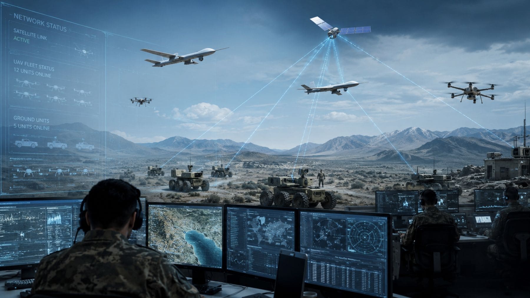 Centro de operaciones militar con inteligencia artificial controlando drones y vehículos autónomos en un escenario de combate.
