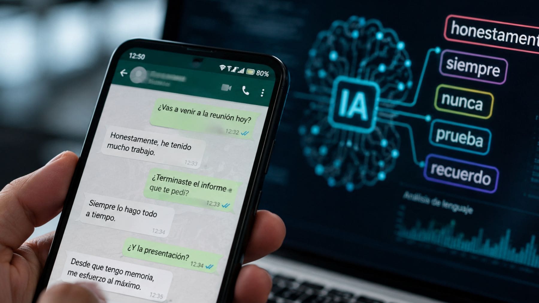 Una conversación de WhatsApp analizada por una inteligencia artificial que identifica palabras asociadas al engaño y la mentira.