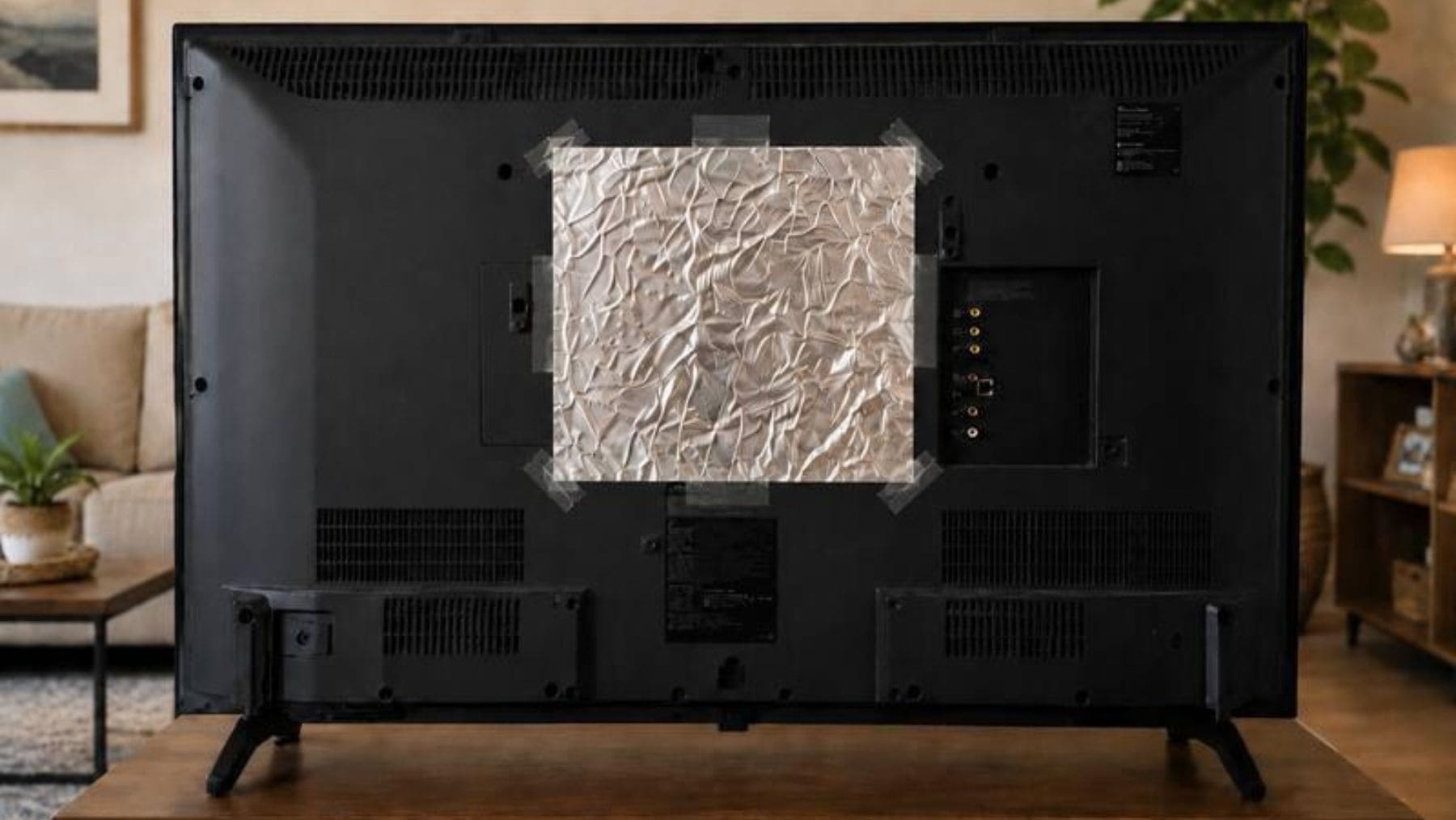 Parte trasera de un televisor con una lámina de papel de aluminio colocada para ilustrar el popular truco casero.