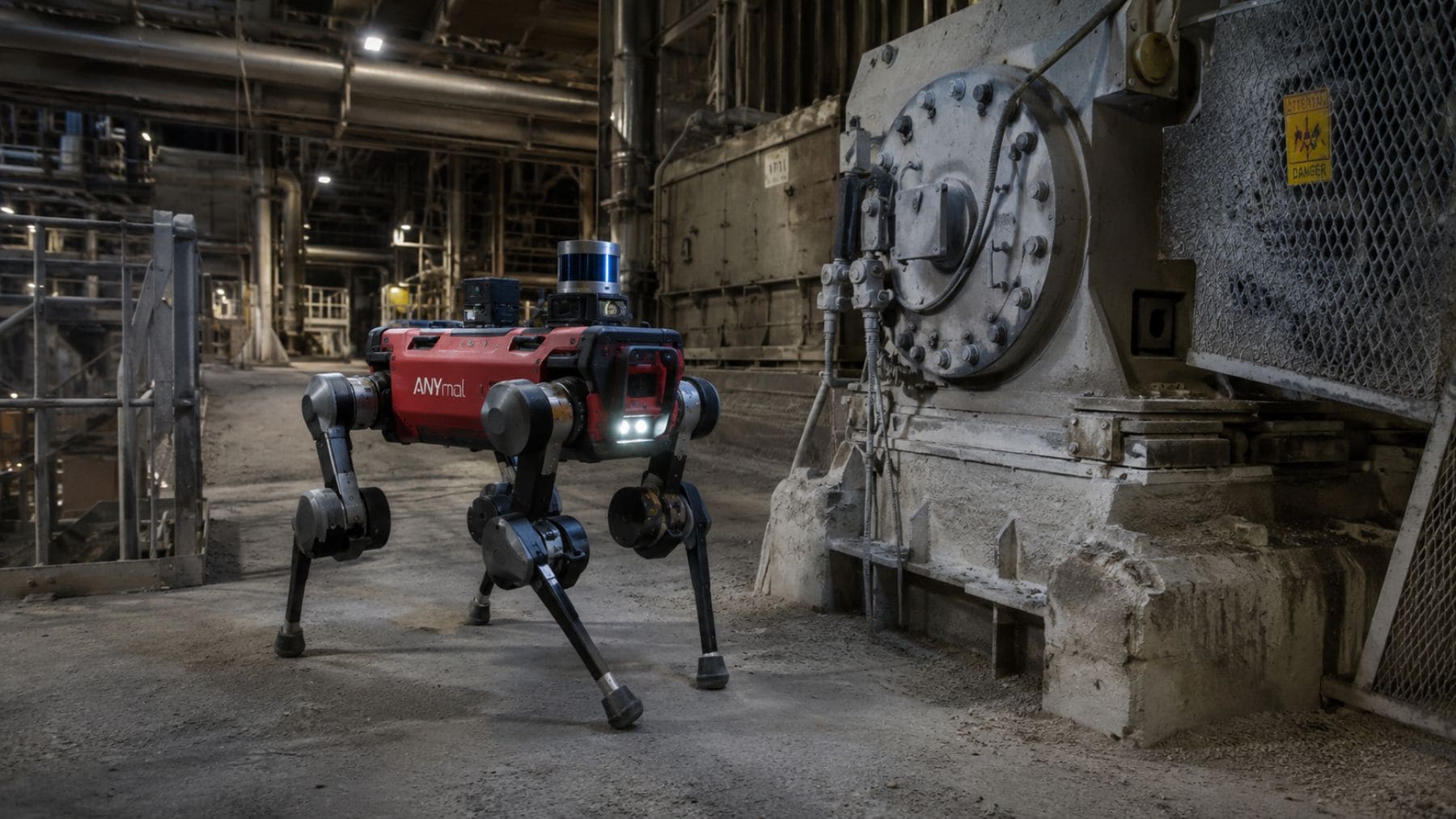 Perro robot ANYmal inspeccionando una trituradora en una cementera tras detectar una grieta crítica en los cimientos.