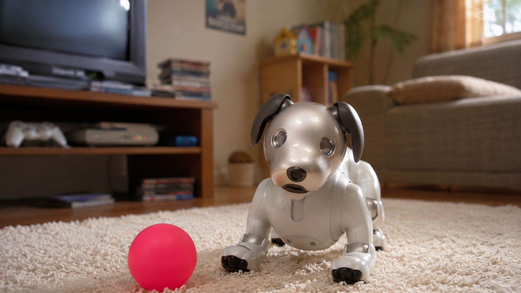 Perro robot Sony AIBO ERS-1000 sobre una alfombra junto a su característica pelota rosa en un salón doméstico.