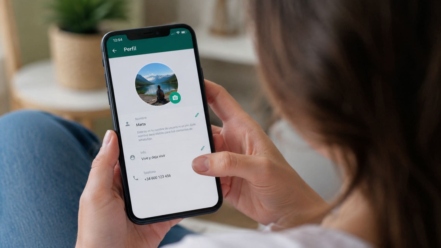 Persona consultando su foto de perfil de WhatsApp desde un teléfono móvil mientras la psicología analiza por qué algunas personas nunca la cambian.