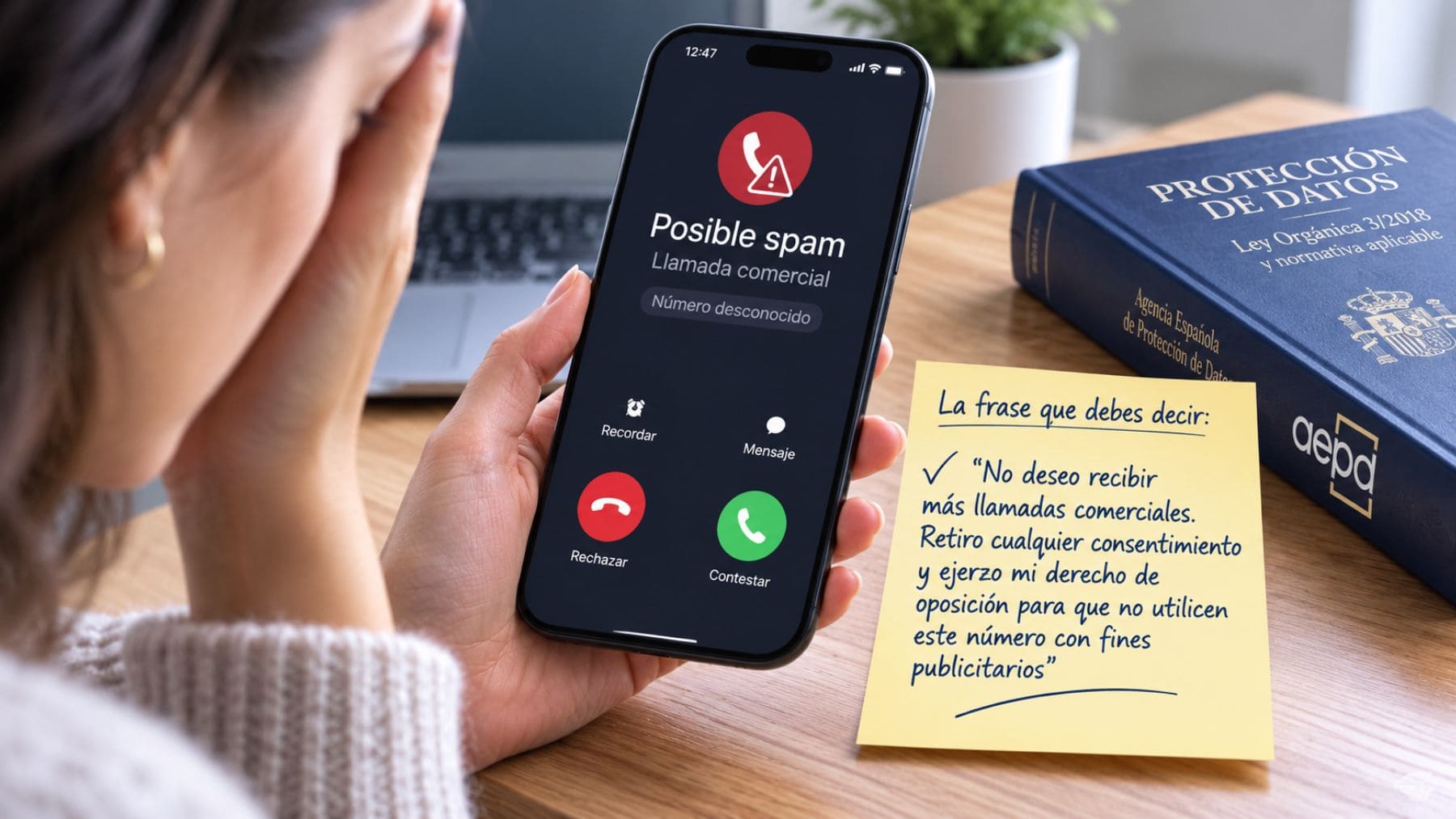 Persona recibiendo una llamada spam en el móvil mientras ejerce su derecho de oposición para dejar de recibir llamadas comerciales.
