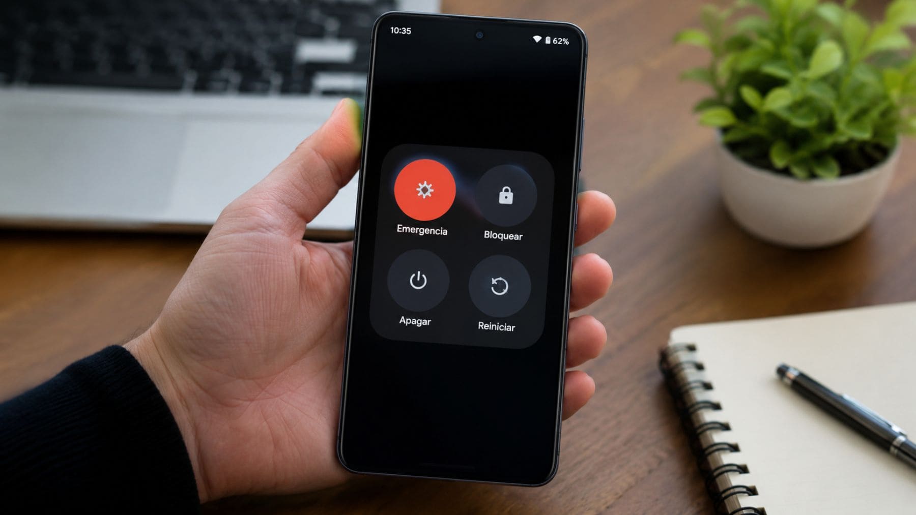 Una persona sostiene un teléfono Android con las opciones de apagar y reiniciar visibles en la pantalla.