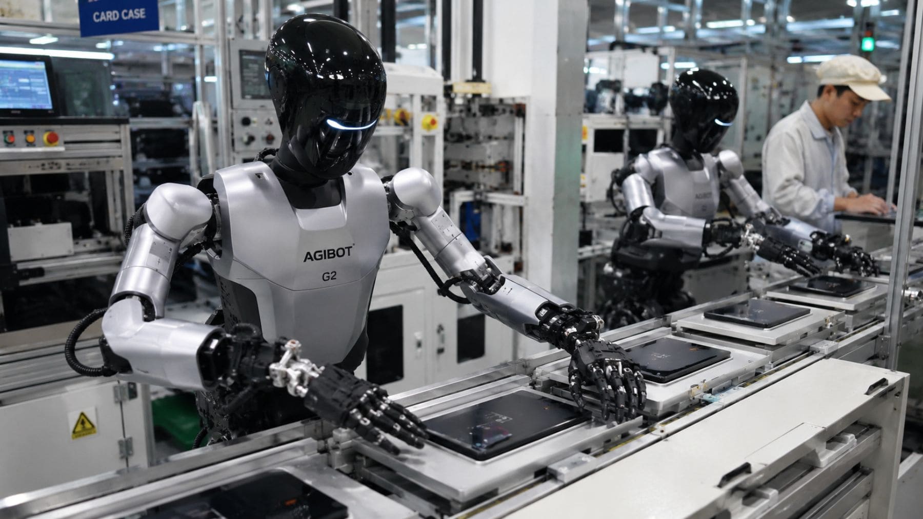 Robots humanoides AgiBot Genie G2 trabajando en una línea de producción de tabletas en una fábrica de China.
