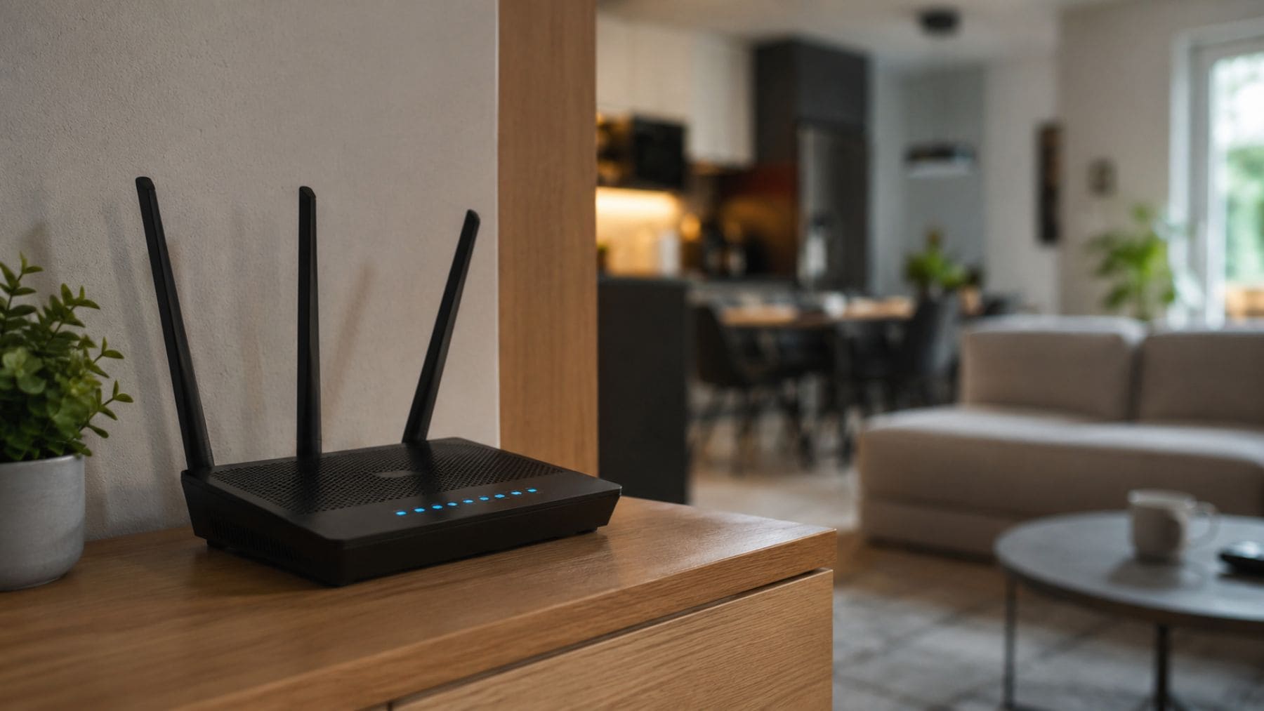 Router Wi-Fi colocado sobre un mueble en un salón para mejorar la cobertura y evitar interferencias de objetos domésticos.