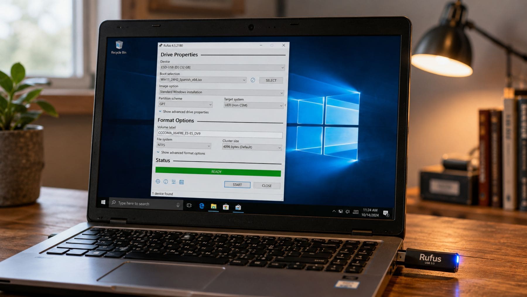 Ordenador portátil con Rufus creando un USB de arranque para instalar Windows 11 y prolongar la vida útil de un PC con Windows 10.