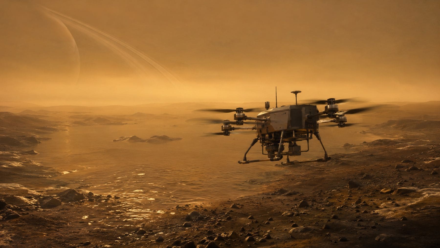 Recreación de la luna Titán con un vehículo de exploración sobre su superficie, posible futura colonia espacial según un estudio.