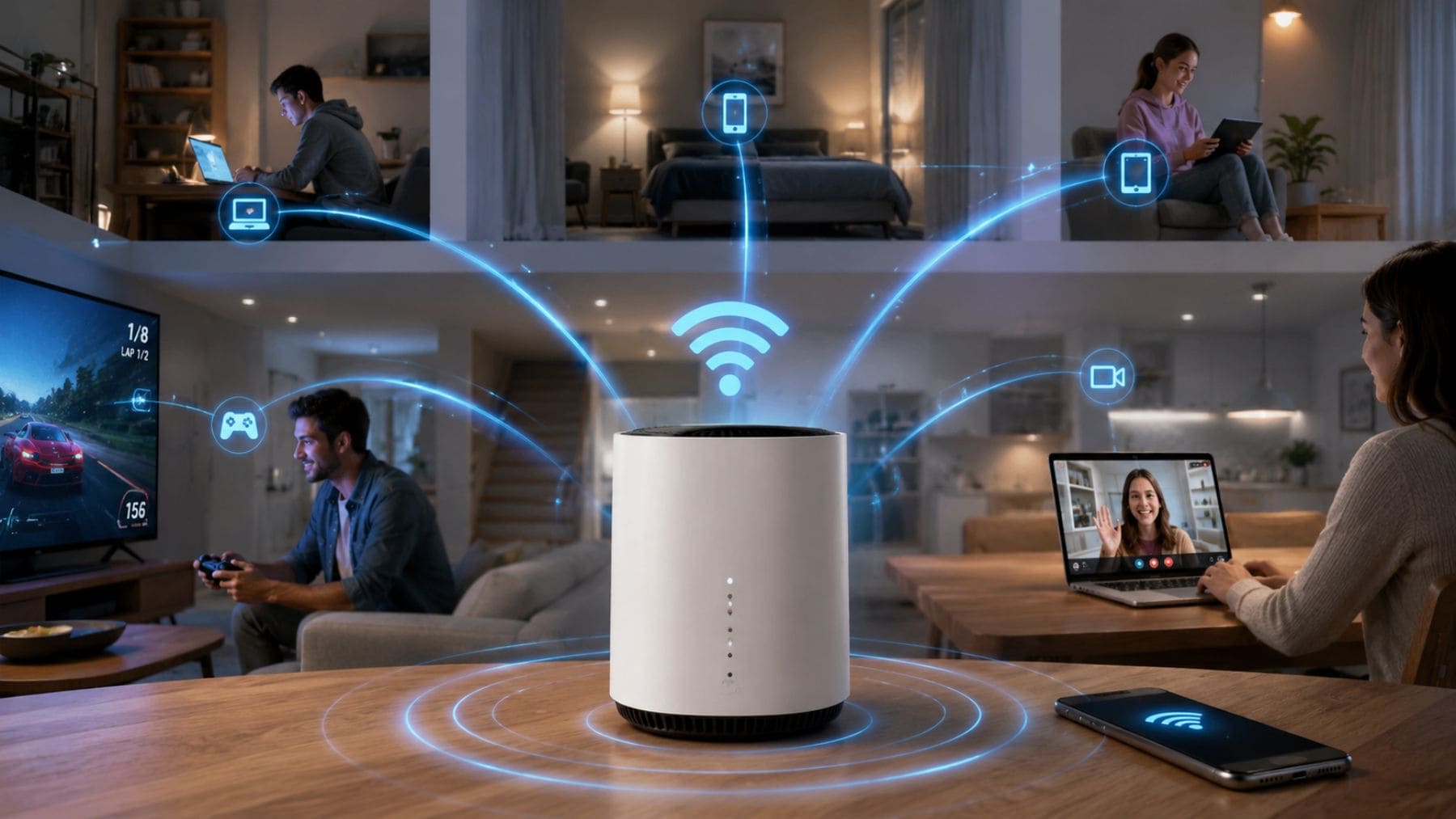 Router Wi-Fi de nueva generación distribuyendo una conexión estable y de baja latencia a varios dispositivos en una vivienda.