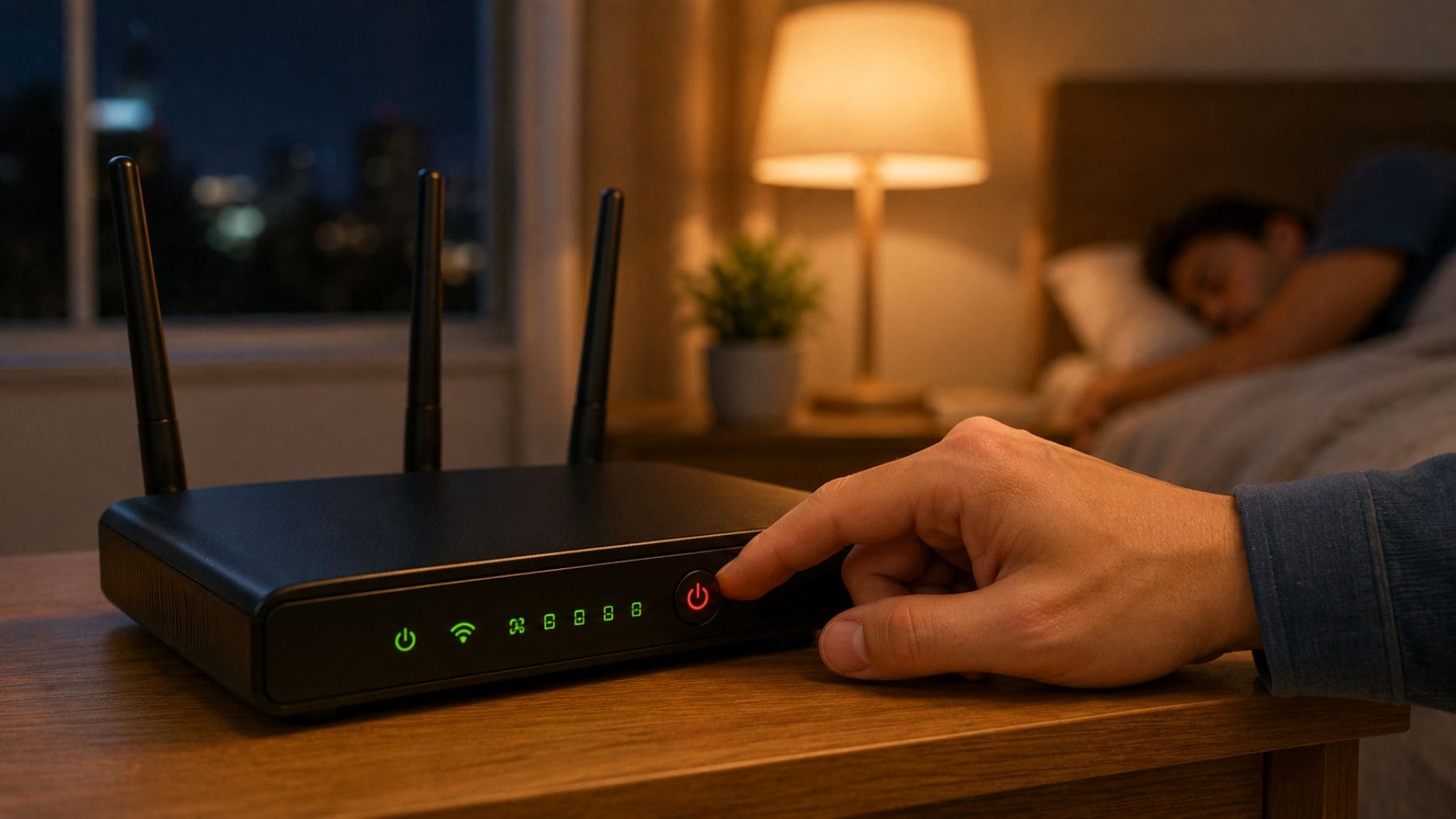 Persona apagando el router WiFi por la noche antes de dormir