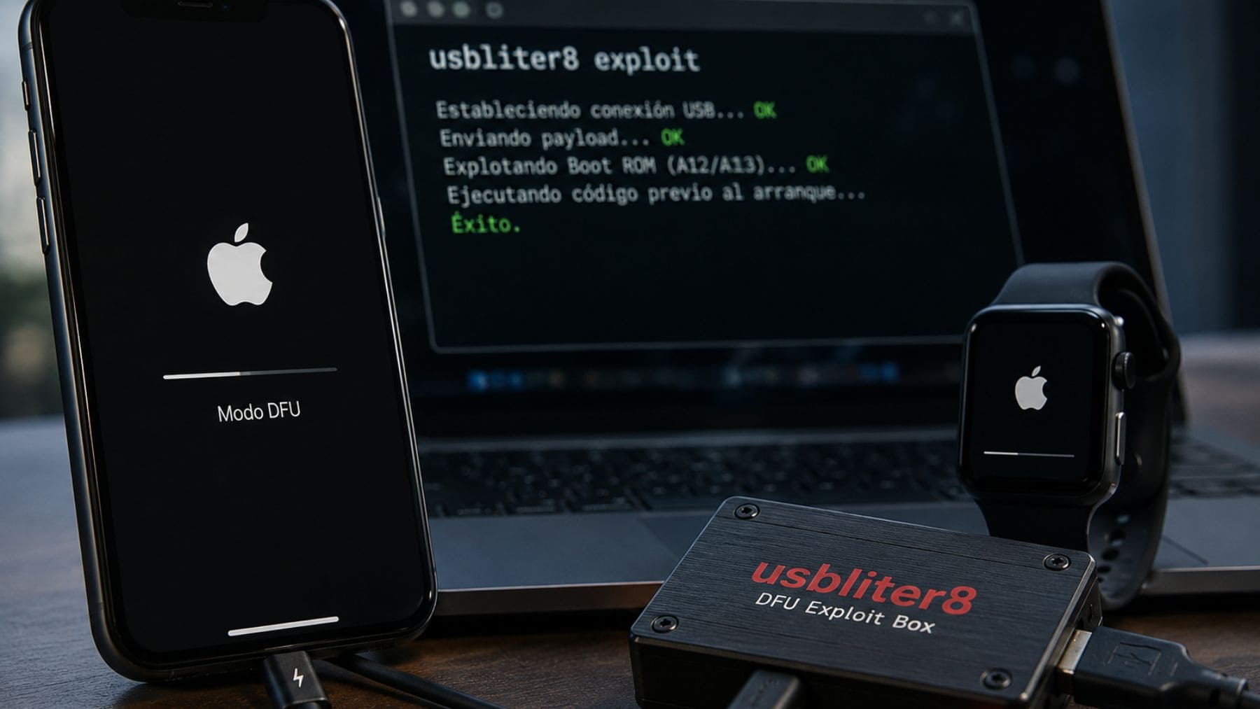 Recreación de un iPhone y un Apple Watch afectados por la vulnerabilidad de arranque usbliter8