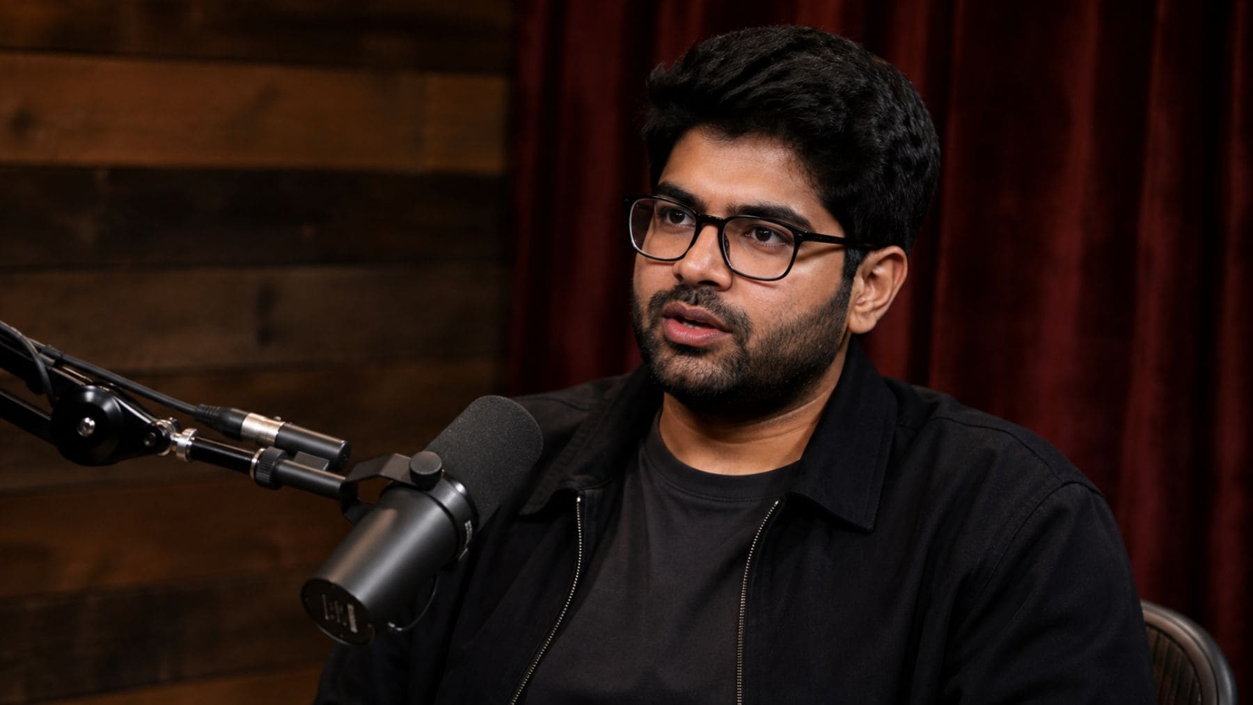Aravind Srinivas, CEO de Perplexity AI, durante una entrevista en un estudio de podcast
