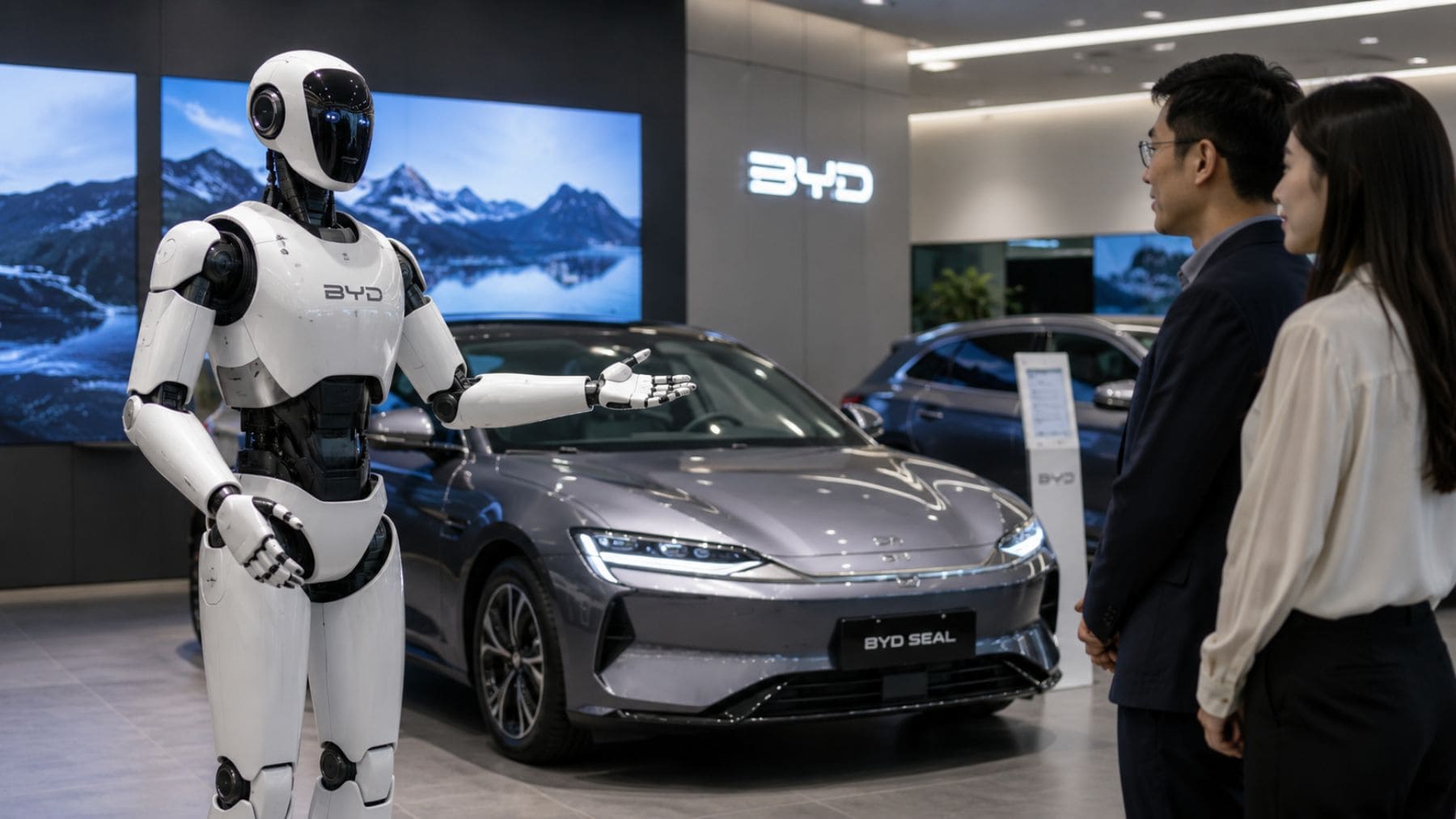 Robot humanoide de BYD atendiendo a clientes junto a un coche eléctrico en un concesionario