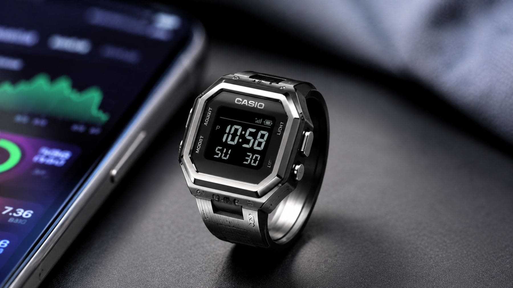 Anillo inteligente Casio con pantalla digital y monitorización de frecuencia cardíaca y sueño.