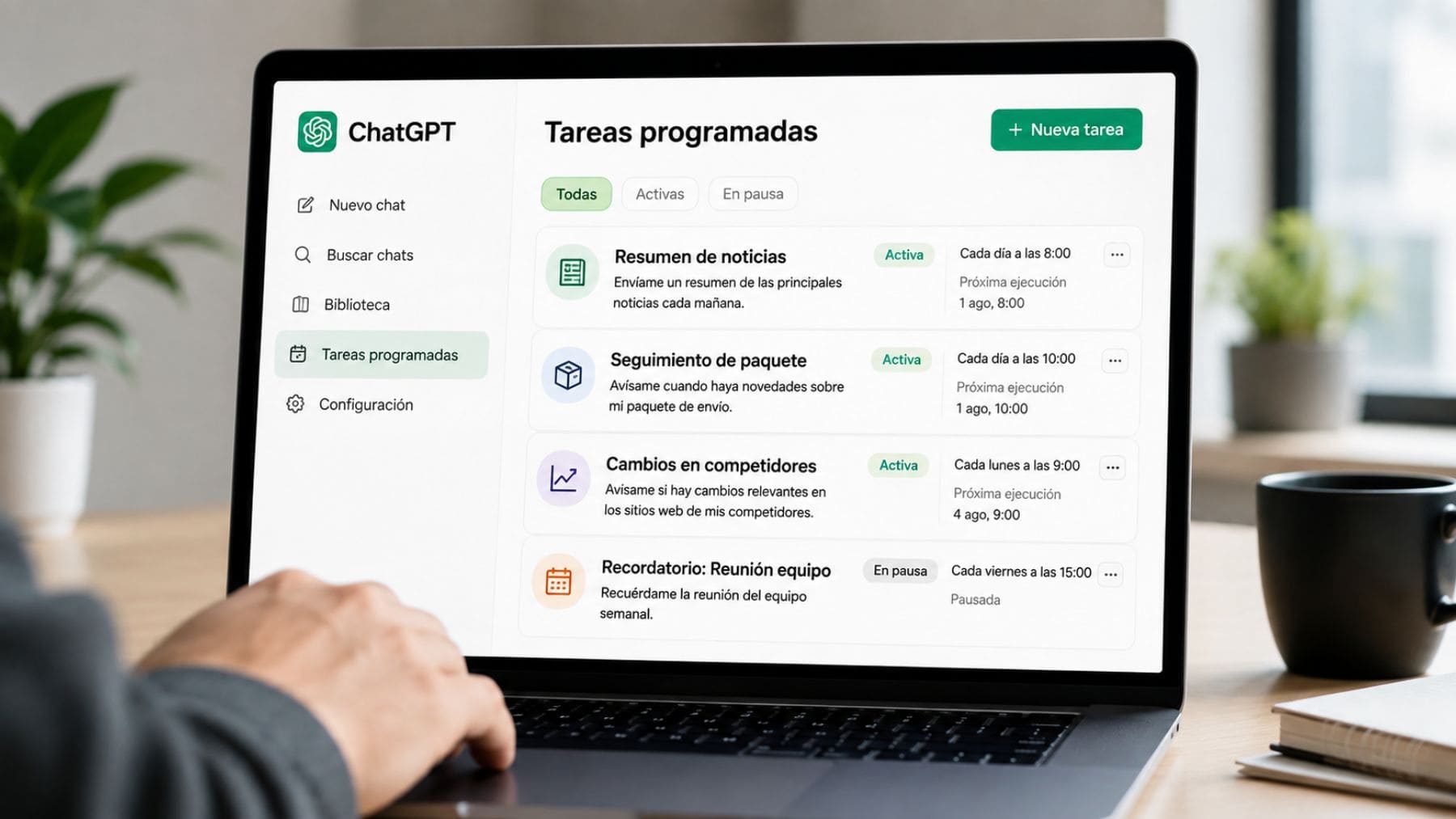 ChatGPT con la nueva función de tareas programadas para recordatorios y seguimiento