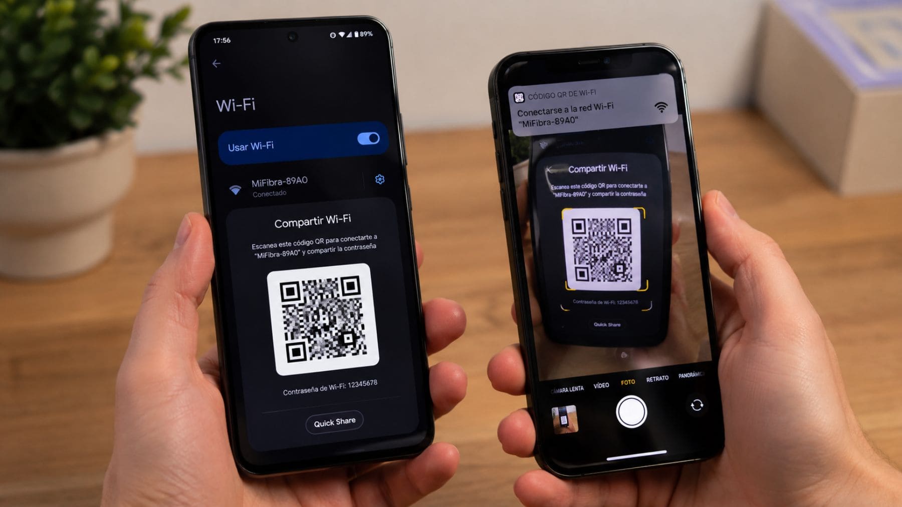 Dos teléfonos móviles compartiendo una red WiFi mediante un código QR sin necesidad de introducir la contraseña.