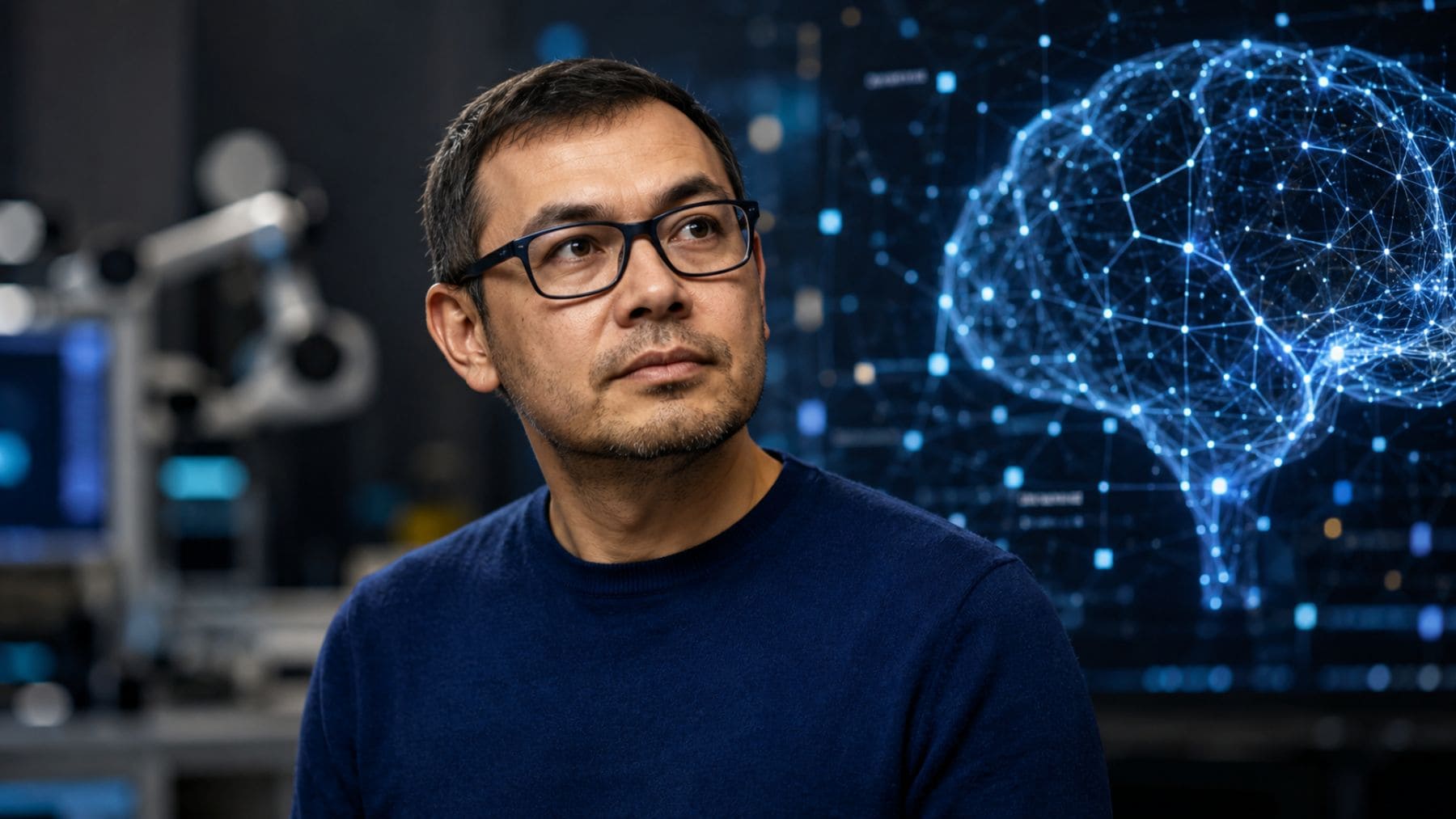 Representación de un experto en inteligencia artificial junto a una red neuronal digital en un laboratorio tecnológico
