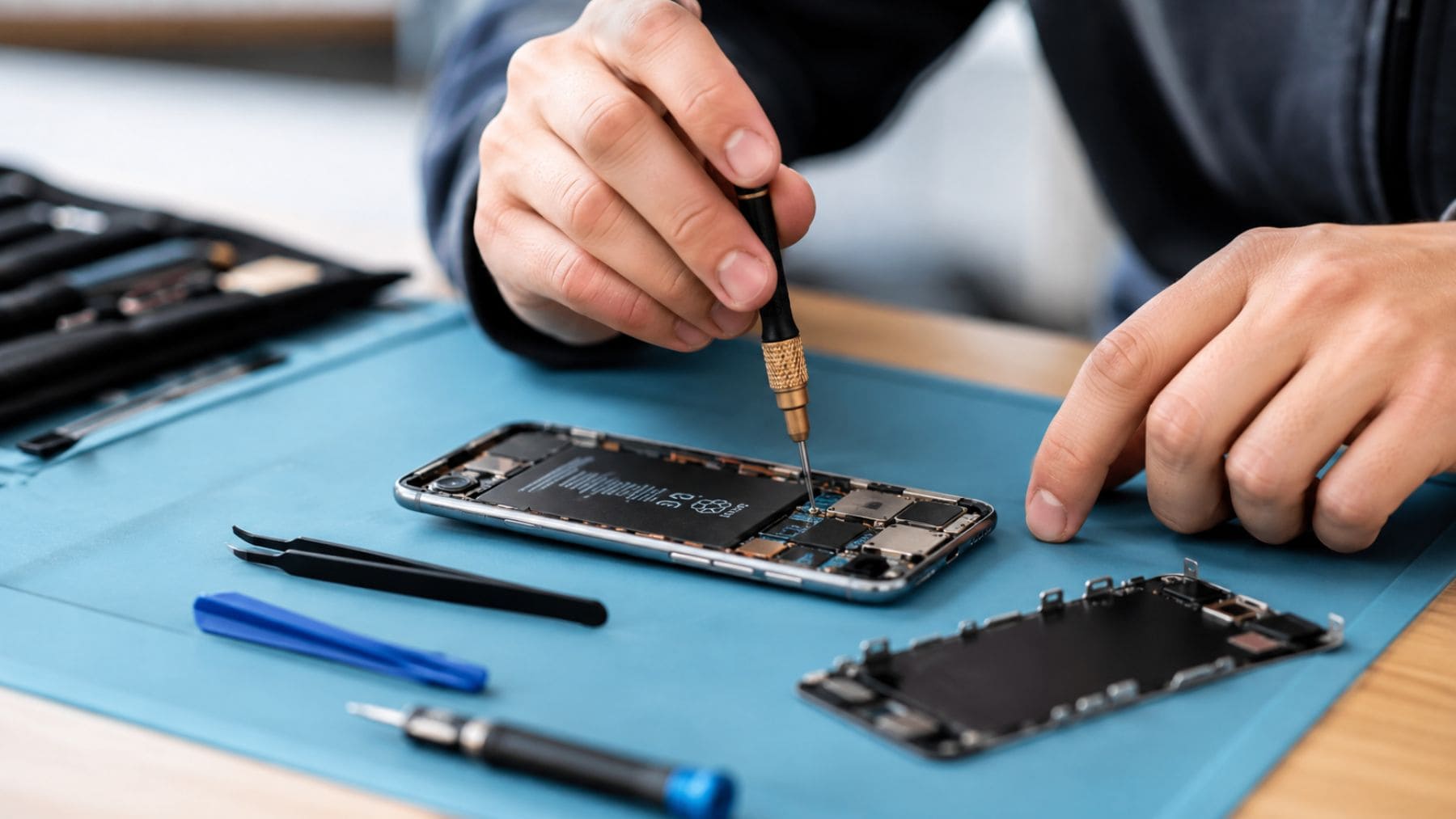 Técnico reparando un teléfono móvil abierto durante una reparación fuera de garantía.