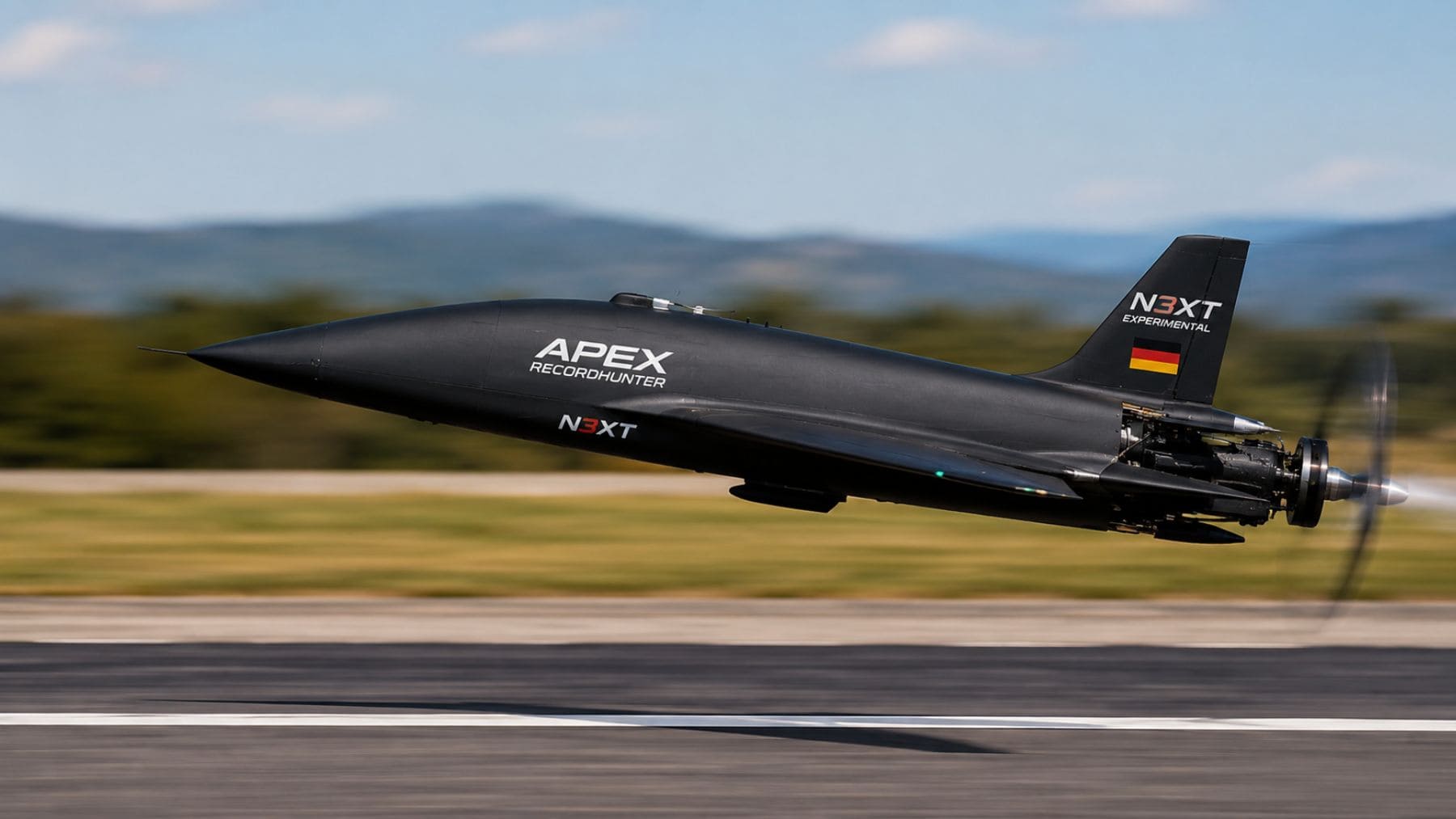 Recreación del dron eléctrico alemán Apex Recordhunter durante una prueba de vuelo a alta velocidad
