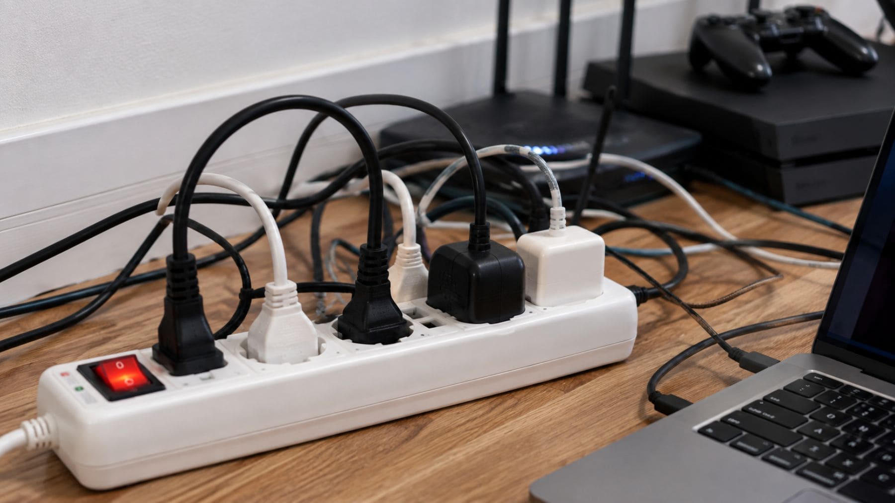 Regleta eléctrica con varios dispositivos conectados junto a un televisor y equipos electrónicos