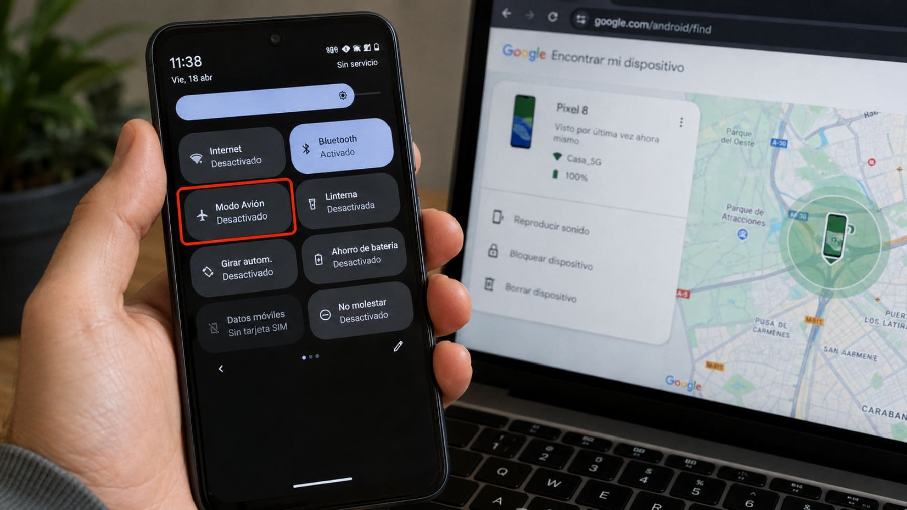 Móvil Android con el panel de control abierto y la función de localización del dispositivo