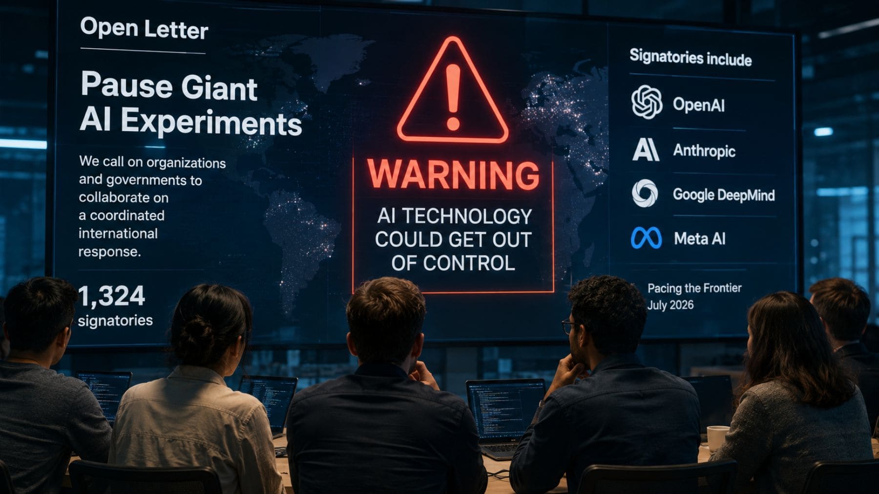Investigadores analizando una carta abierta que pide ralentizar el desarrollo de la inteligencia artificial por motivos de seguridad.