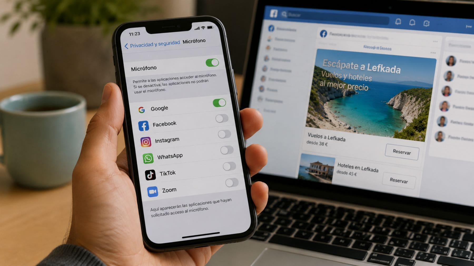 Usuario revisando los permisos del micrófono y la configuración de privacidad en un teléfono móvil.