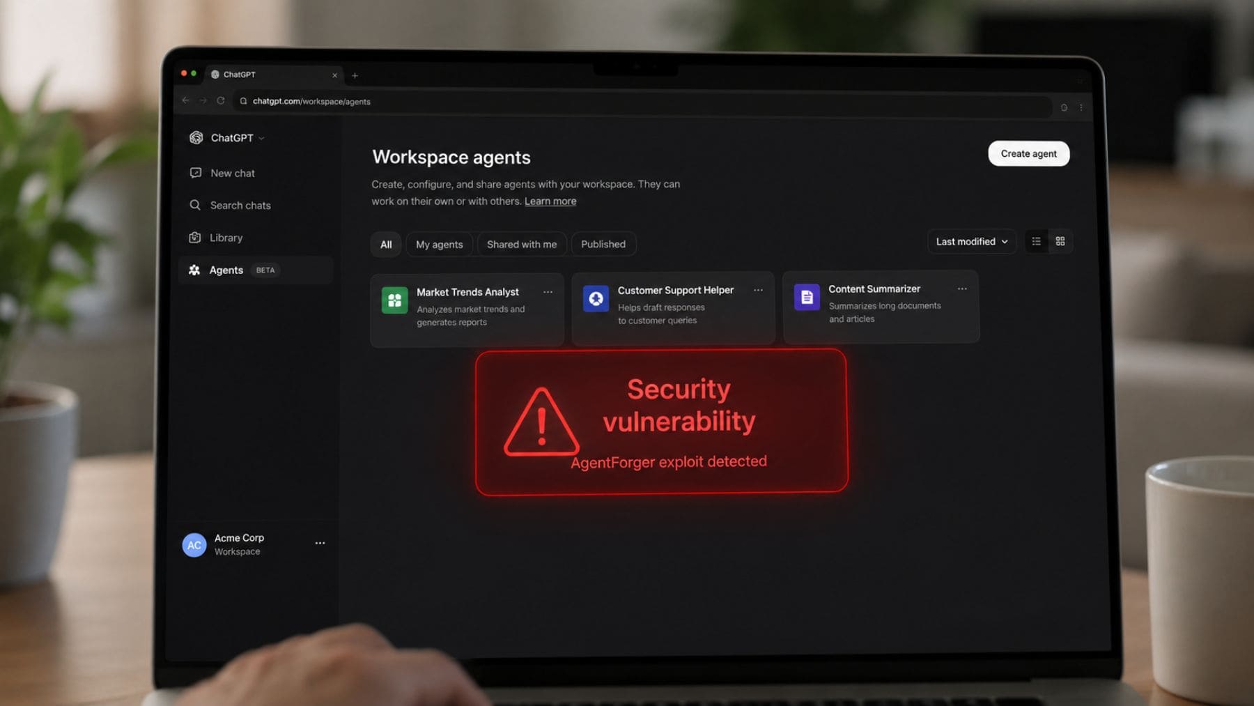 Pantalla de ChatGPT Workspace Agents mostrando una alerta de vulnerabilidad de seguridad relacionada con el fallo AgentForger.