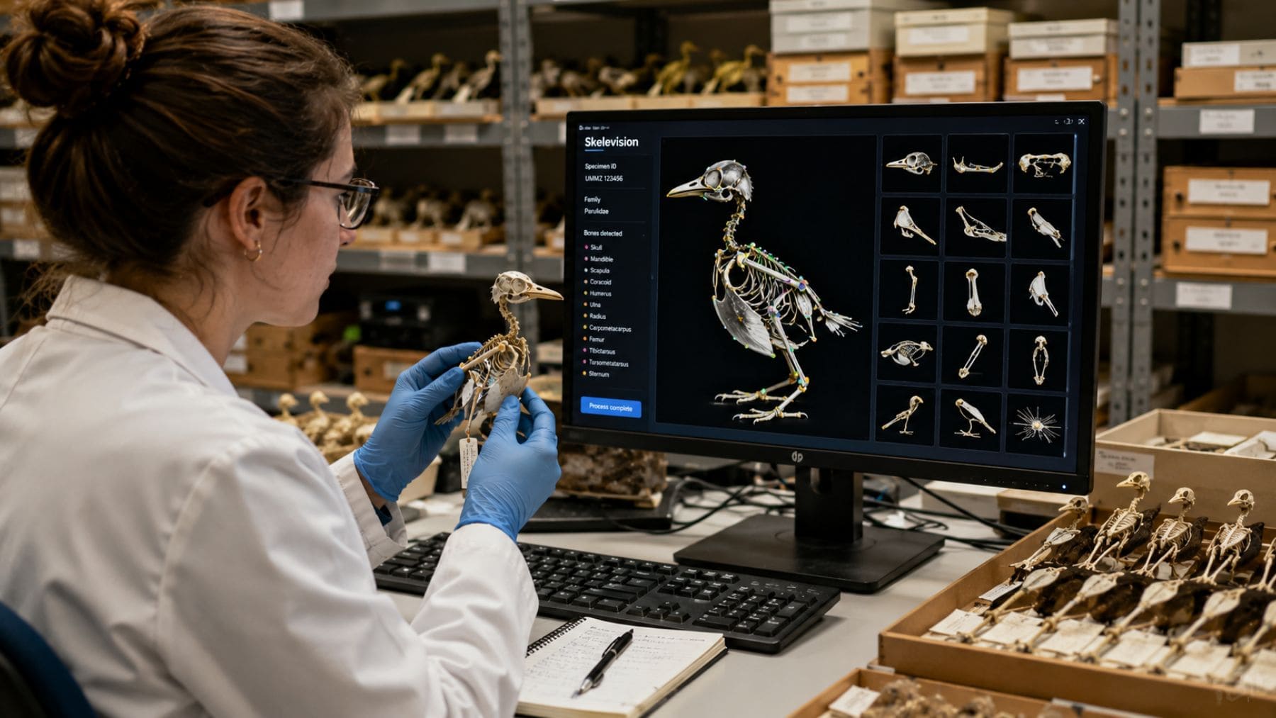 Investigadora analiza esqueletos de aves con inteligencia artificial en una colección científica