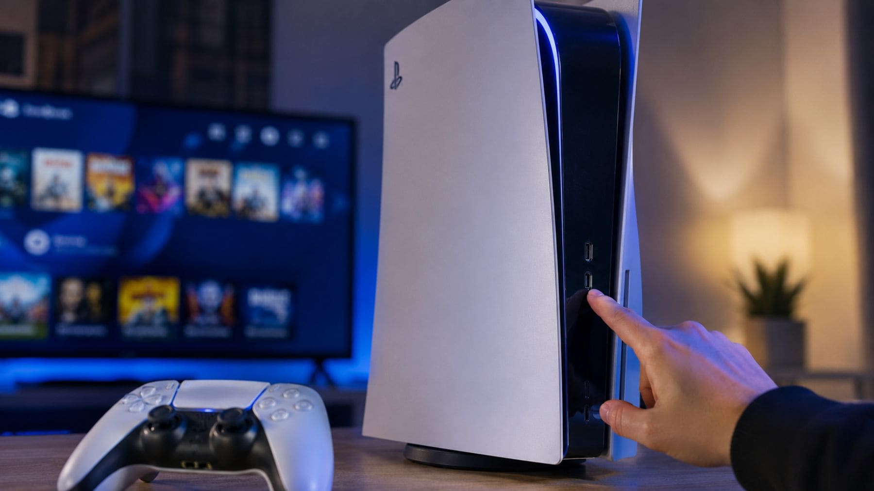Jugador apagando una consola PlayStation 5 junto a un mando durante la convocatoria del PSBlackout