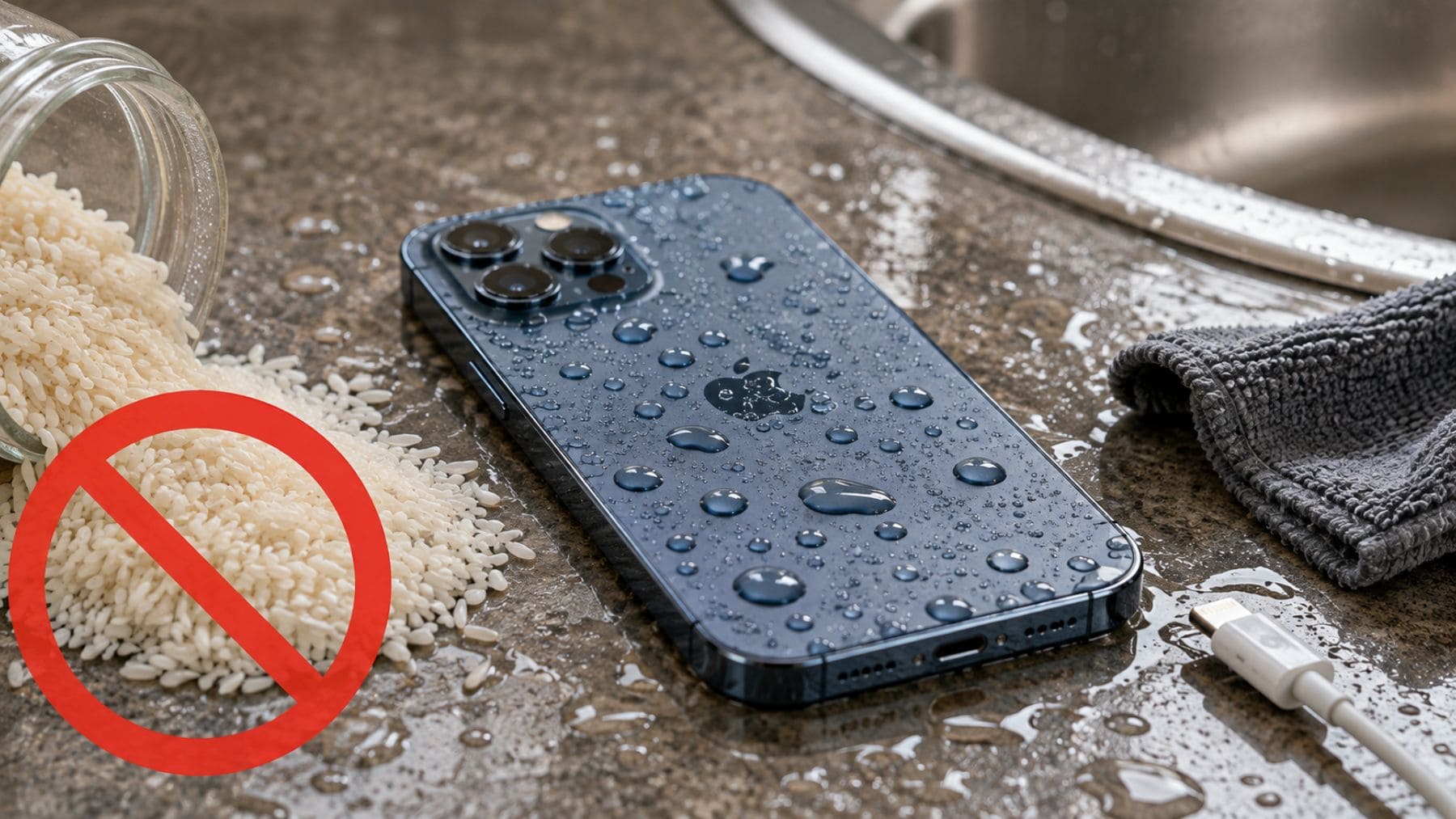 iPhone mojado junto a arroz que Apple desaconseja usar para secarlo