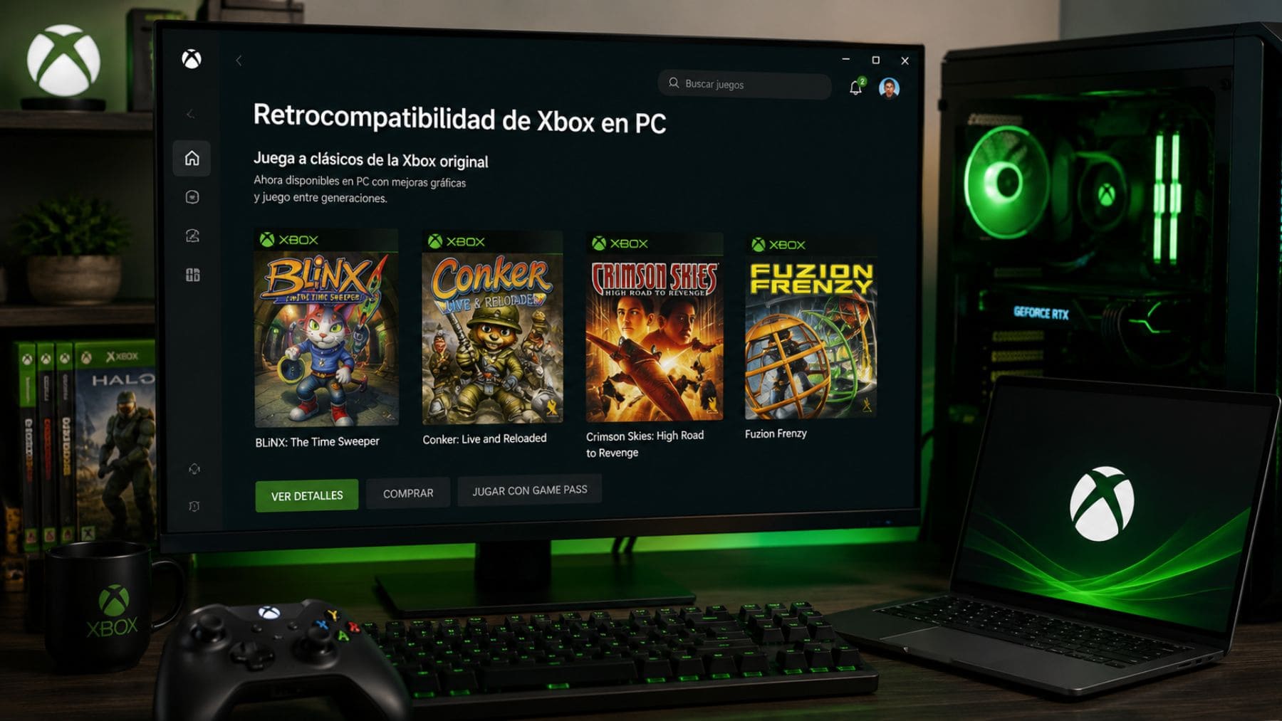 Ordenador gaming con Xbox y juegos clásicos de la primera consola disponibles mediante retrocompatibilidad en PC