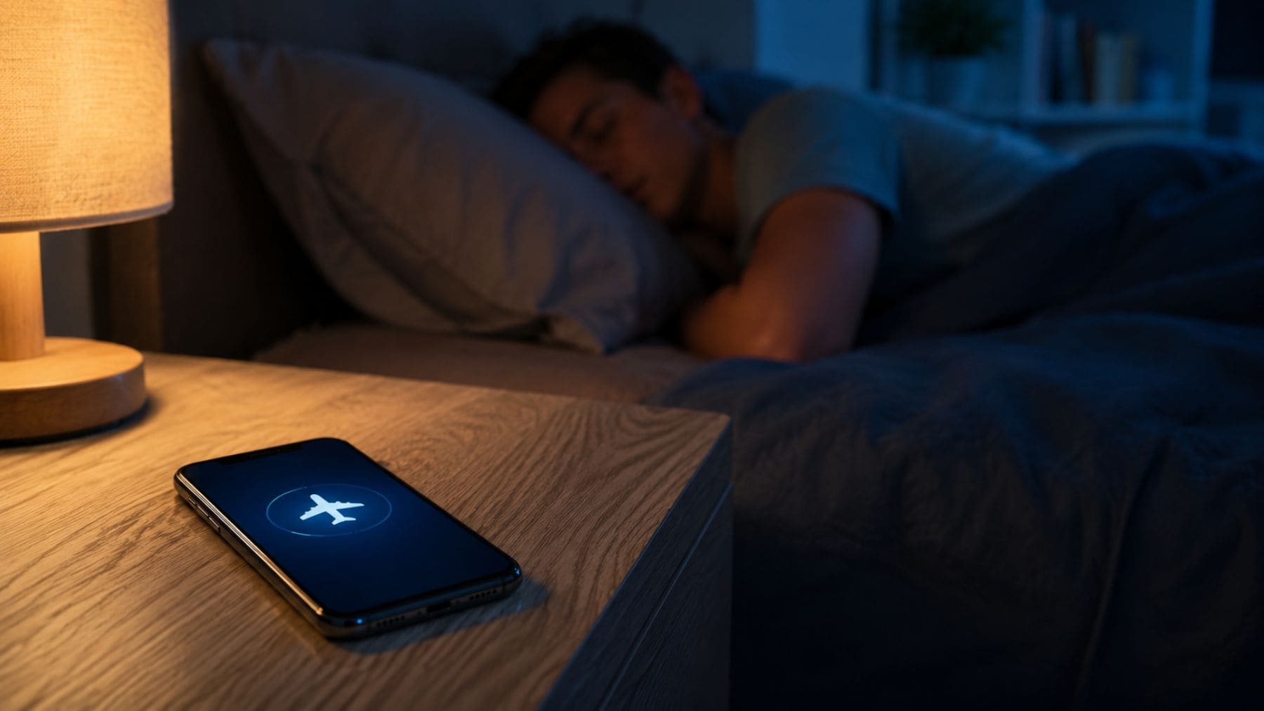Un teléfono móvil en modo avión sobre una mesita de noche junto a una cama antes de dormir.