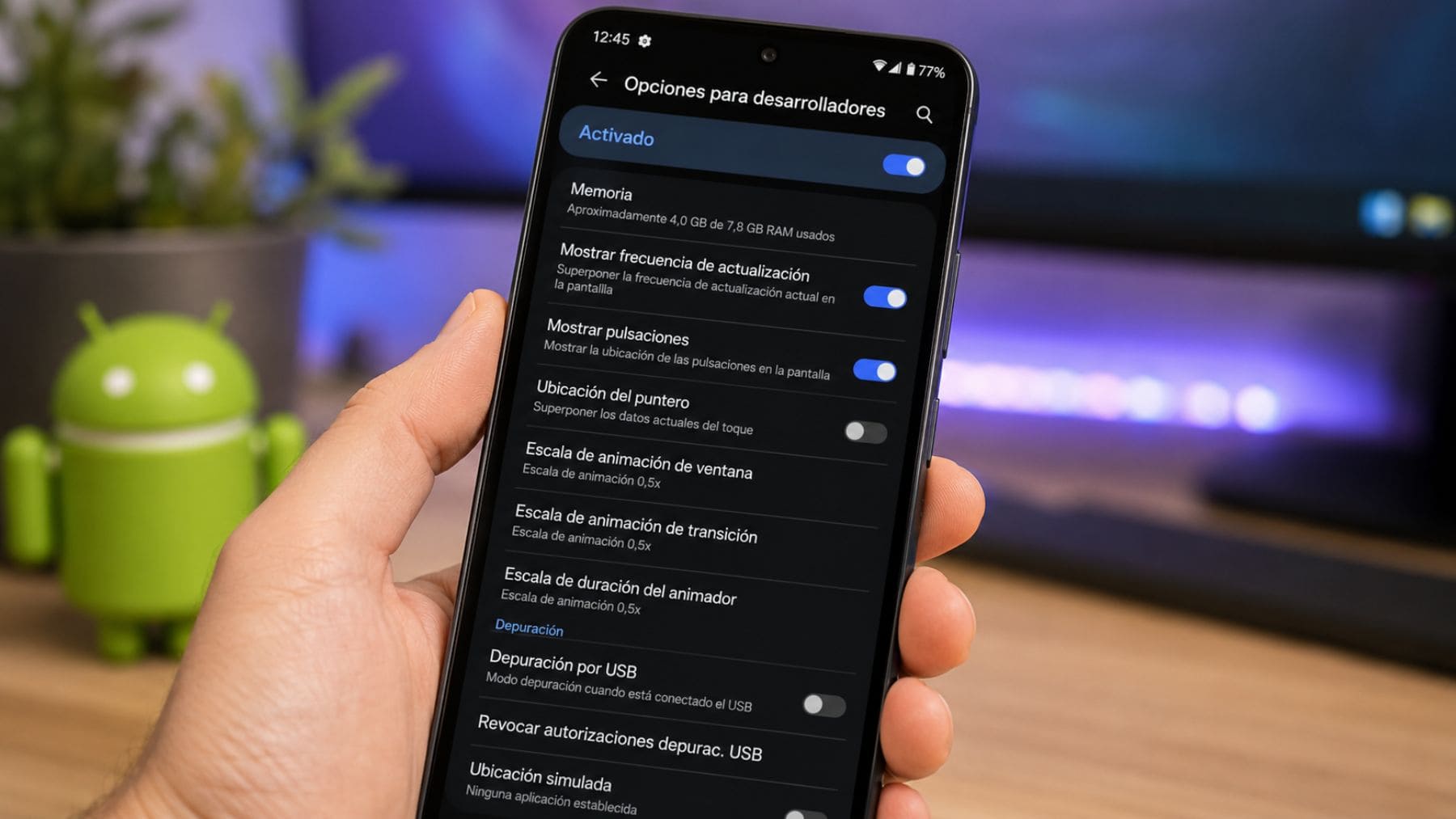 Móvil Android mostrando el menú de Opciones para desarrolladores con ajustes avanzados del sistema