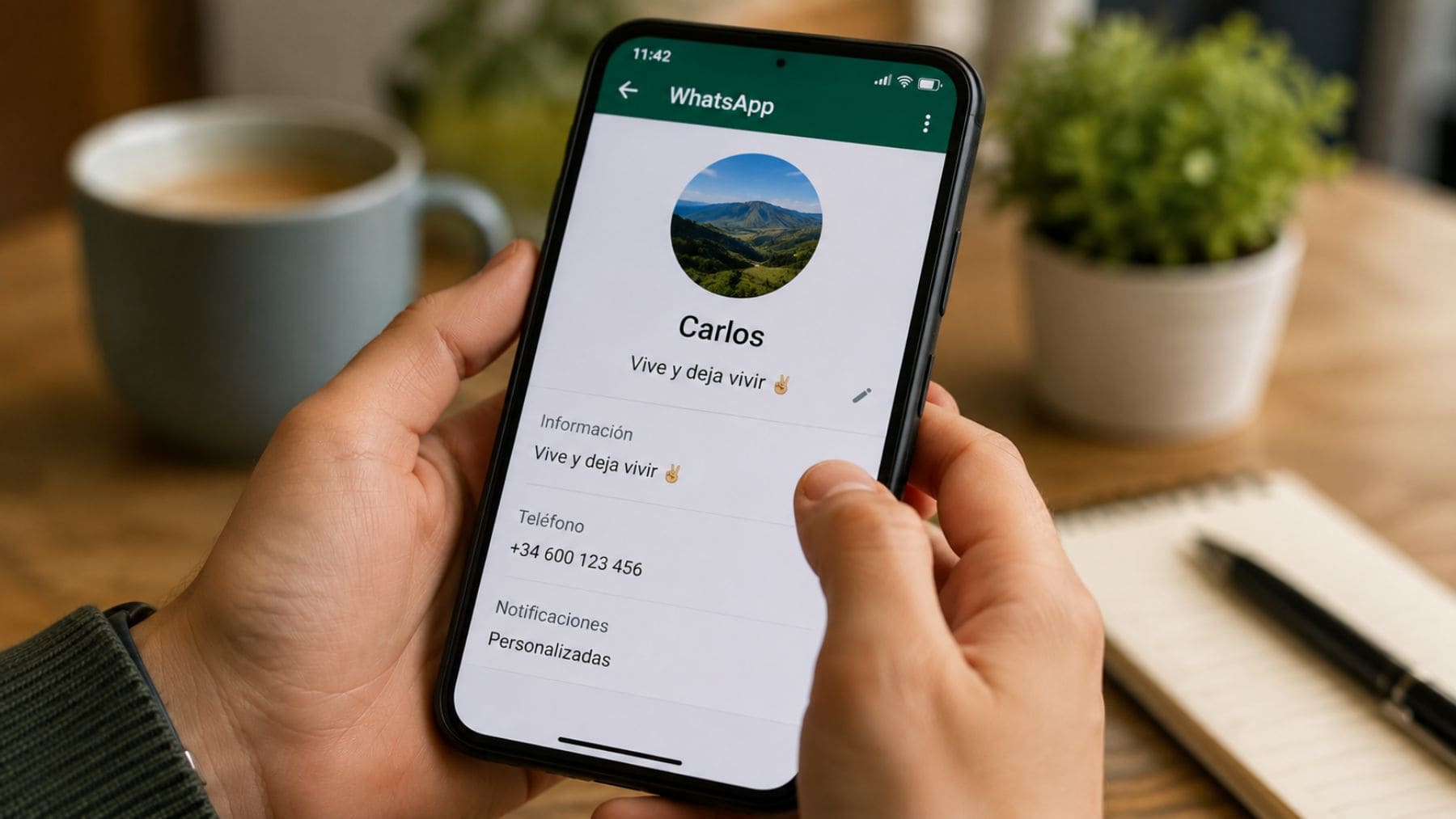Persona consultando el perfil de WhatsApp con un estado que lleva mucho tiempo sin cambiar.