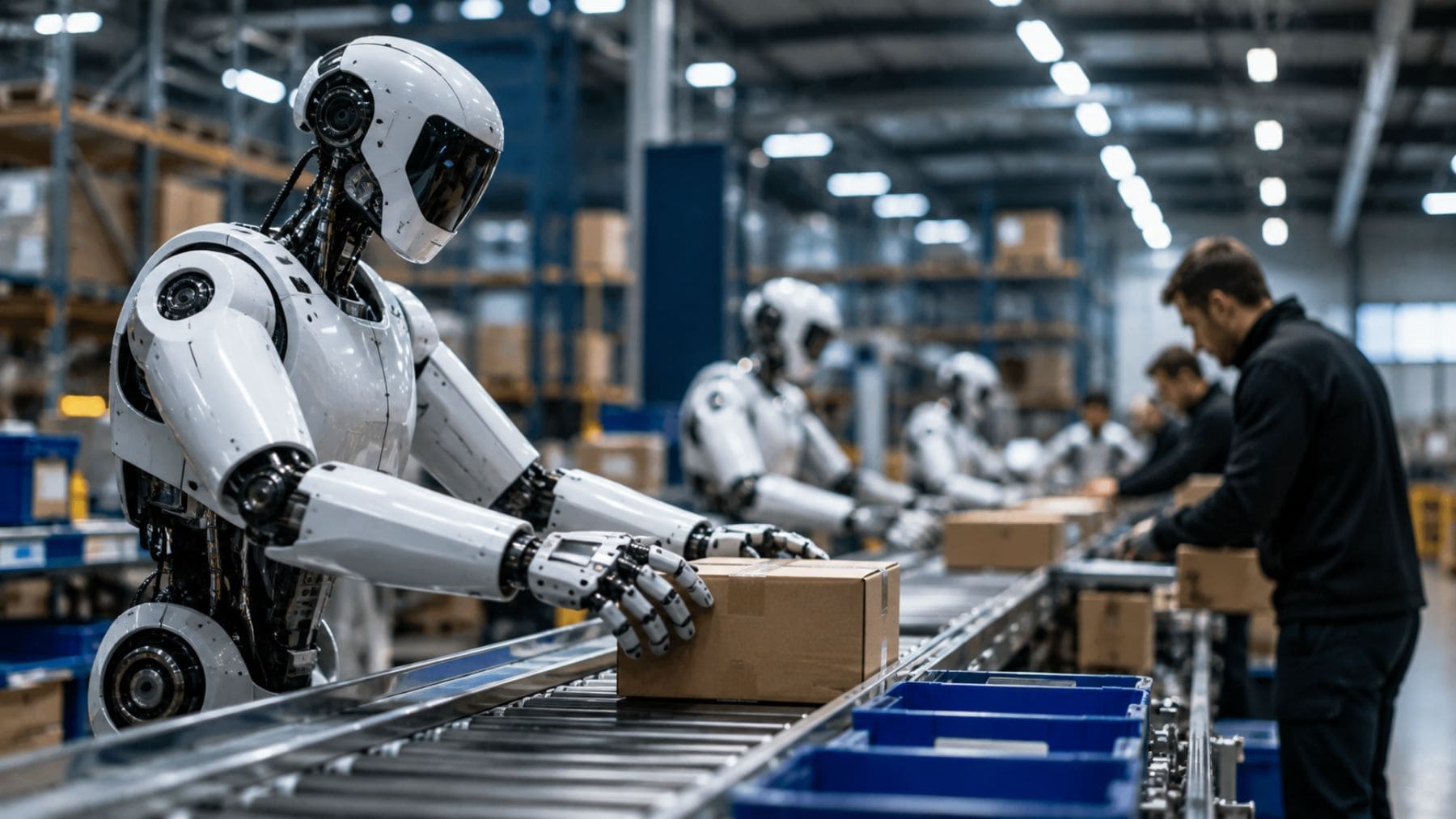 Robots humanoides trabajando junto a personas en una fábrica automatizada por inteligencia artificial