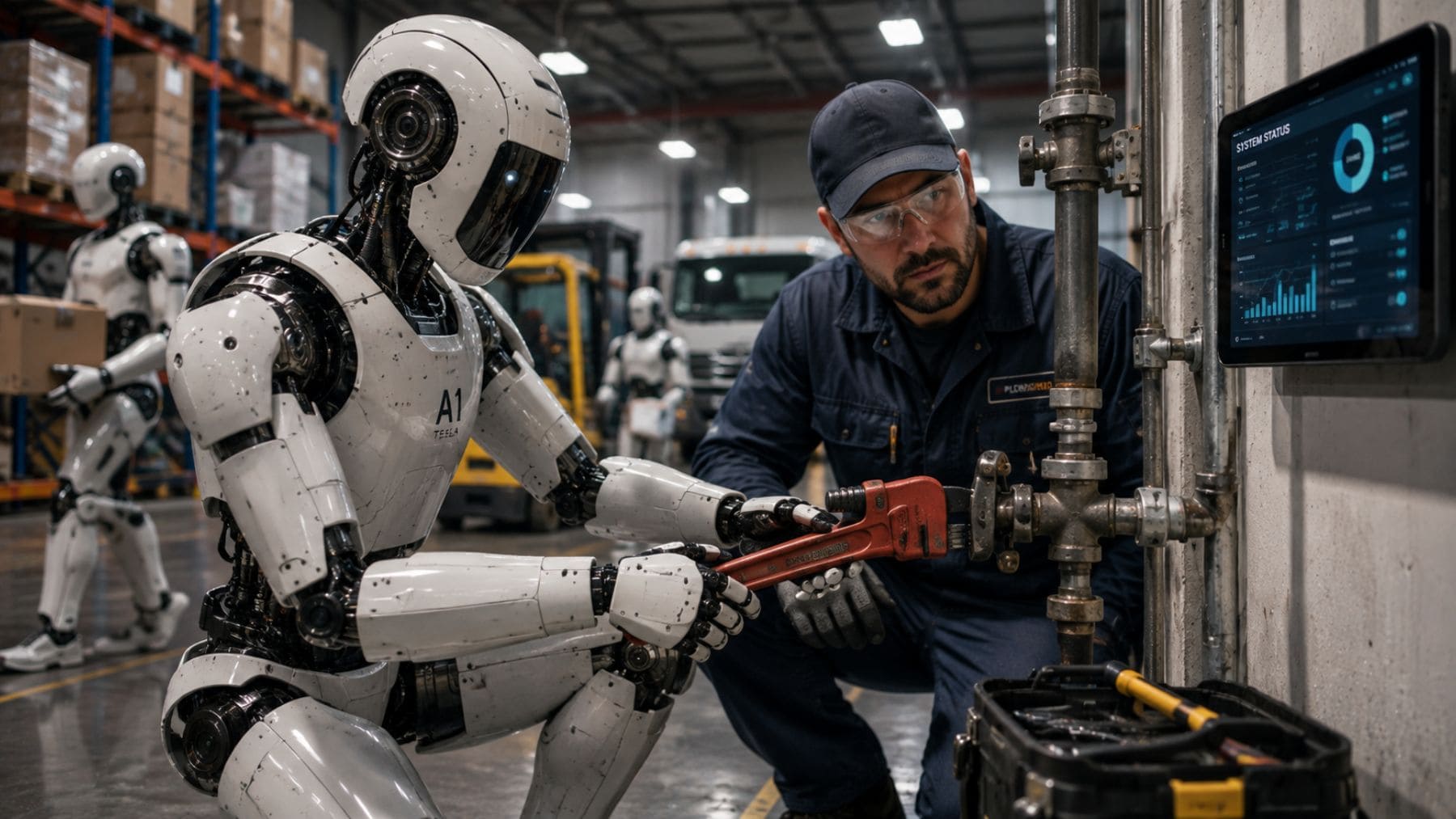Robot humanoide realizando un trabajo físico junto a un operario en un entorno industrial