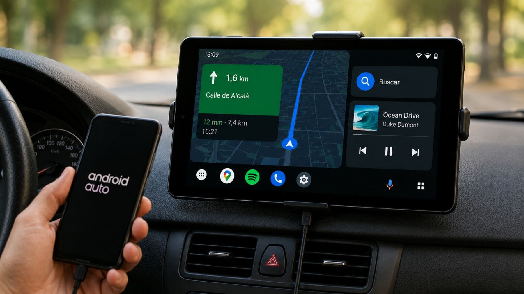 Tablet Android instalada en el salpicadero de un coche y utilizada como pantalla multimedia con navegación