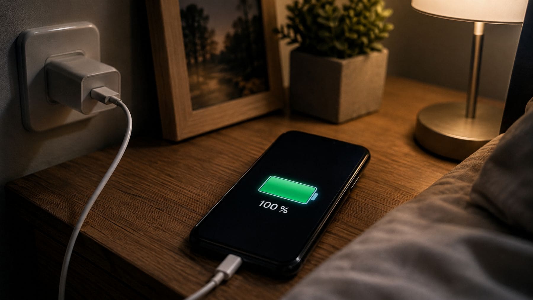 Teléfono móvil cargando al 100 % sobre una mesilla de noche conectado al cargador.