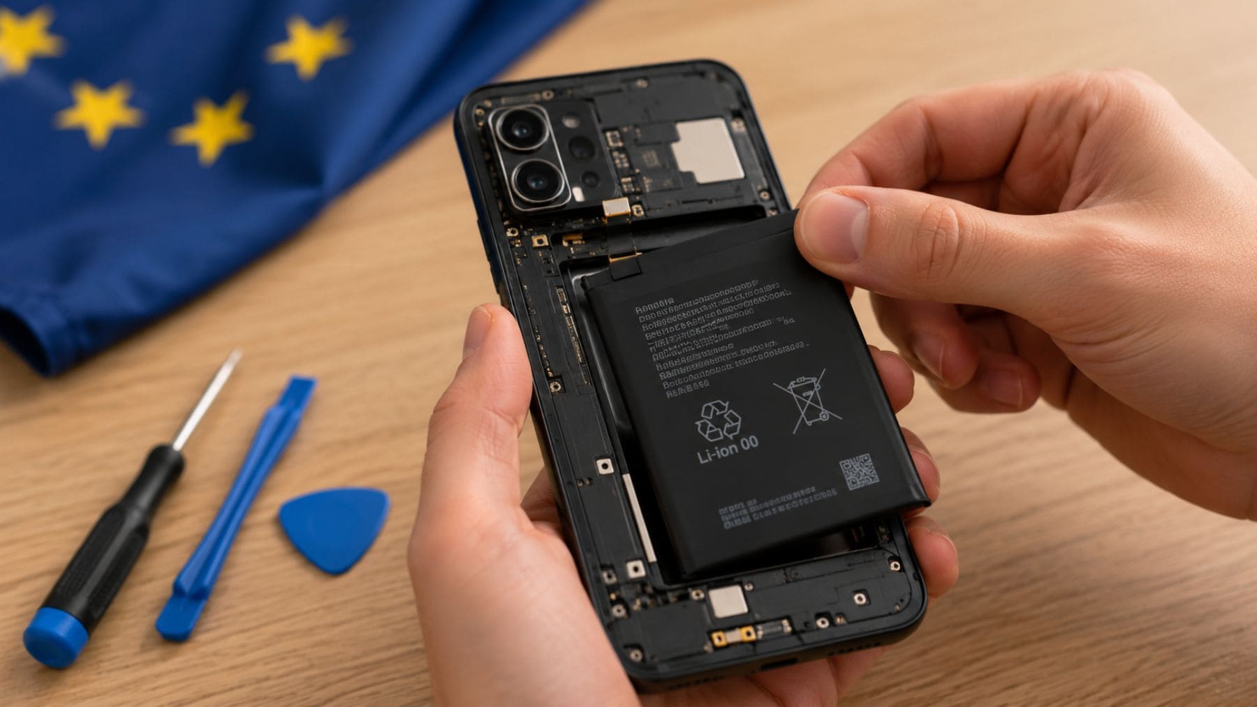 Cambio de batería de un teléfono móvil ante la nueva normativa de la Unión Europea.