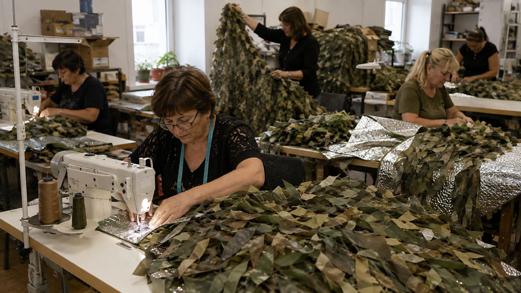 Voluntarias ucranianas fabricando capas antidrones con camuflaje y aislamiento térmico en un taller