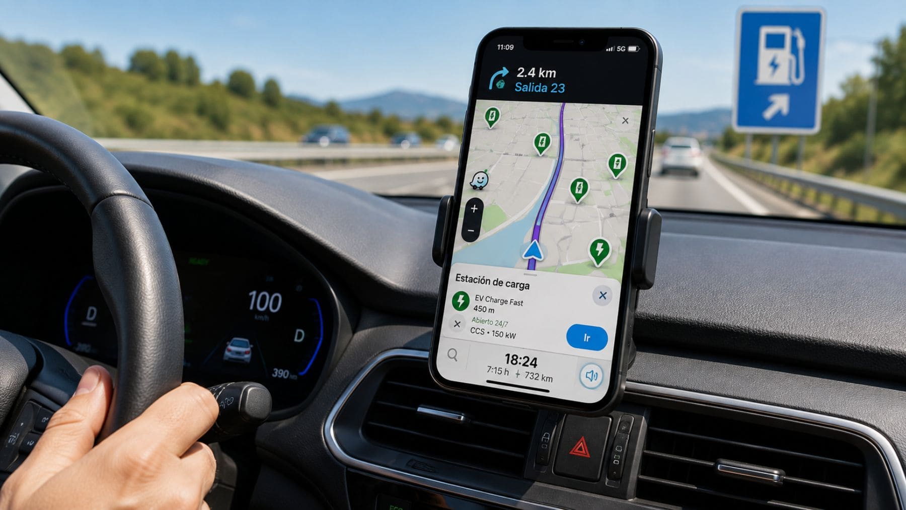 Conductor de un coche eléctrico utilizando Waze para localizar puntos de carga durante un viaje por carretera
