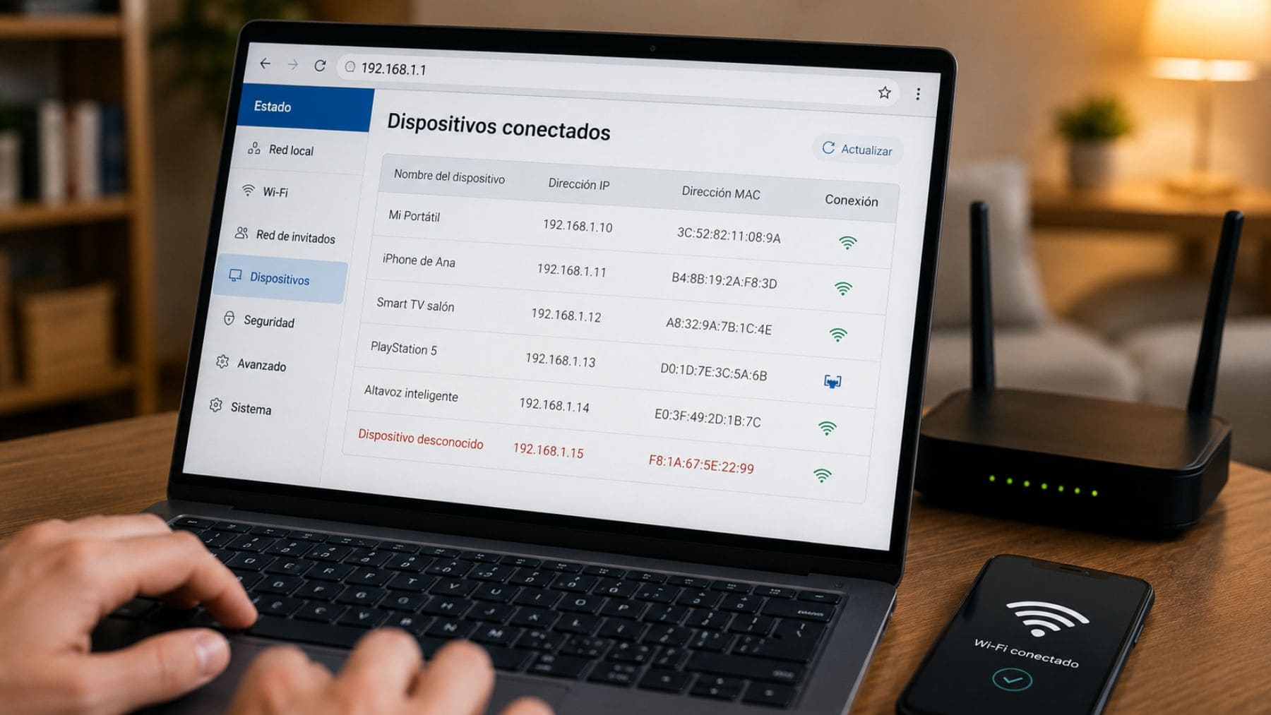 Usuario revisando desde el navegador los dispositivos conectados a una red Wi-Fi doméstica